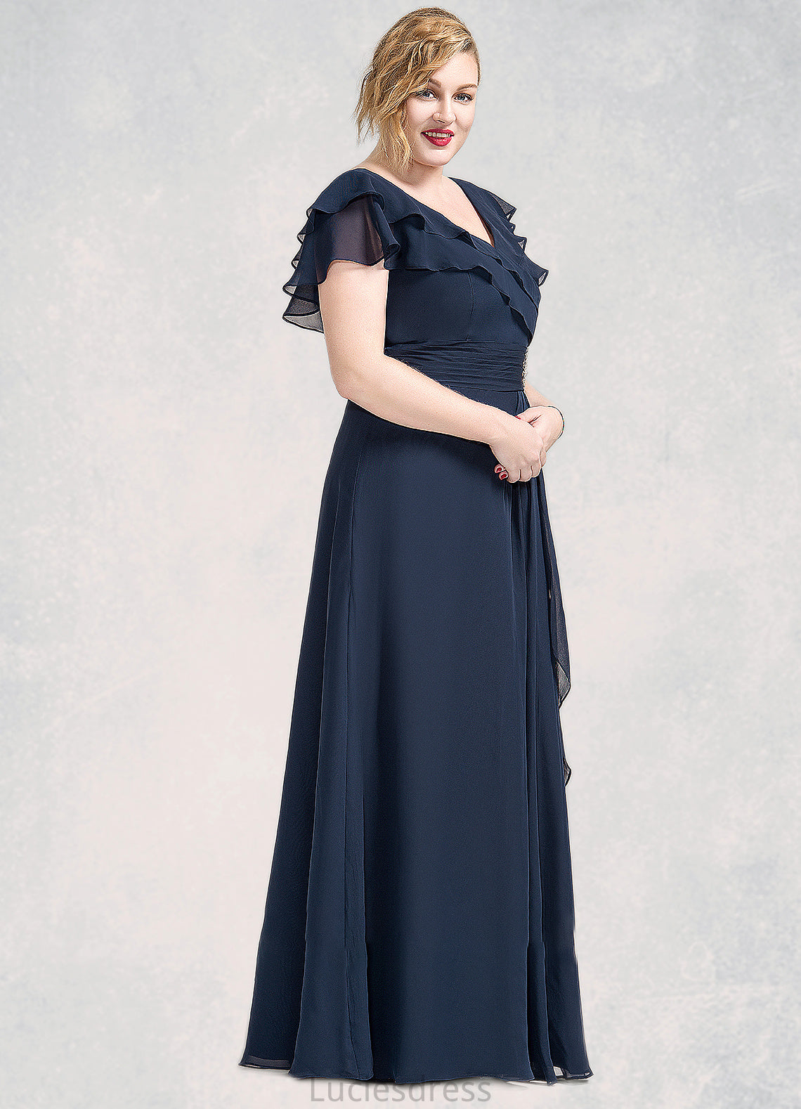 Amelie A-Line V-neck Floor-Length Chiffon Mother of the Bride Dress With Crystal Brooch Cascading Ruffles HF126P0014796