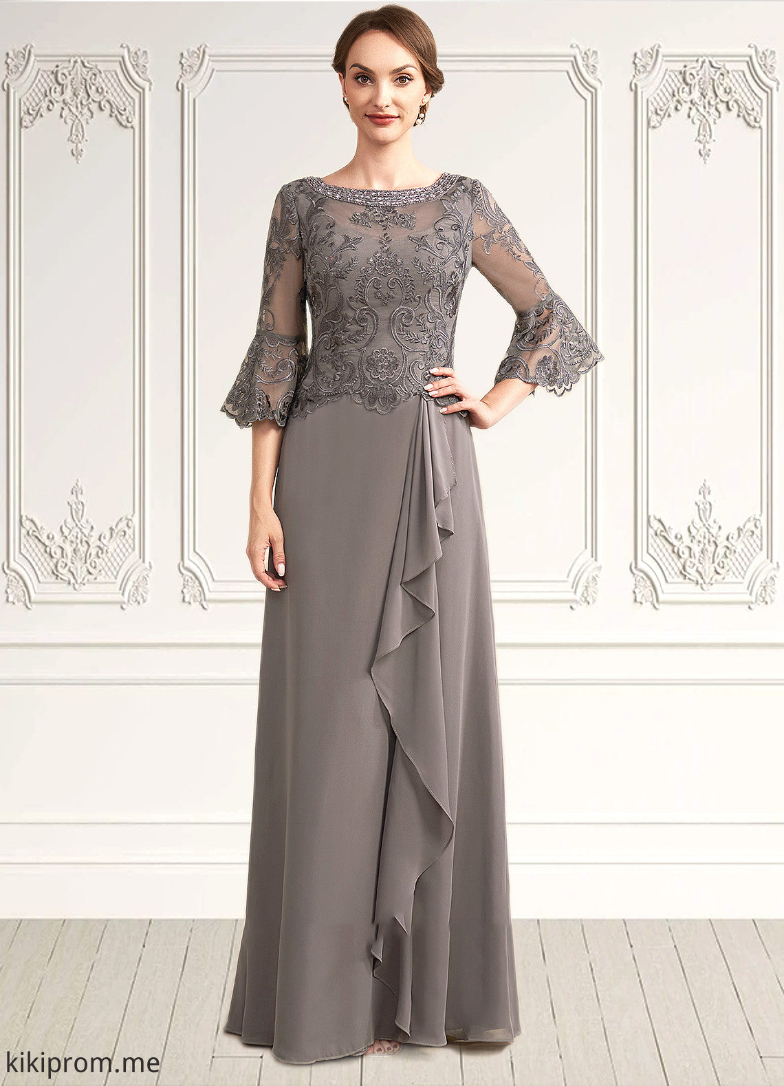 Jada A-Line Scoop Neck Floor-Length Chiffon Lace Mother of the Bride Dress With Beading Cascading Ruffles STF126P0014797