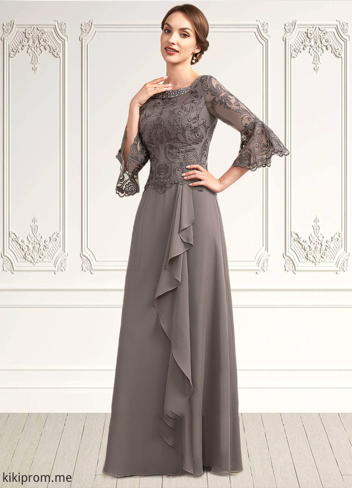 Jada A-Line Scoop Neck Floor-Length Chiffon Lace Mother of the Bride Dress With Beading Cascading Ruffles STF126P0014797