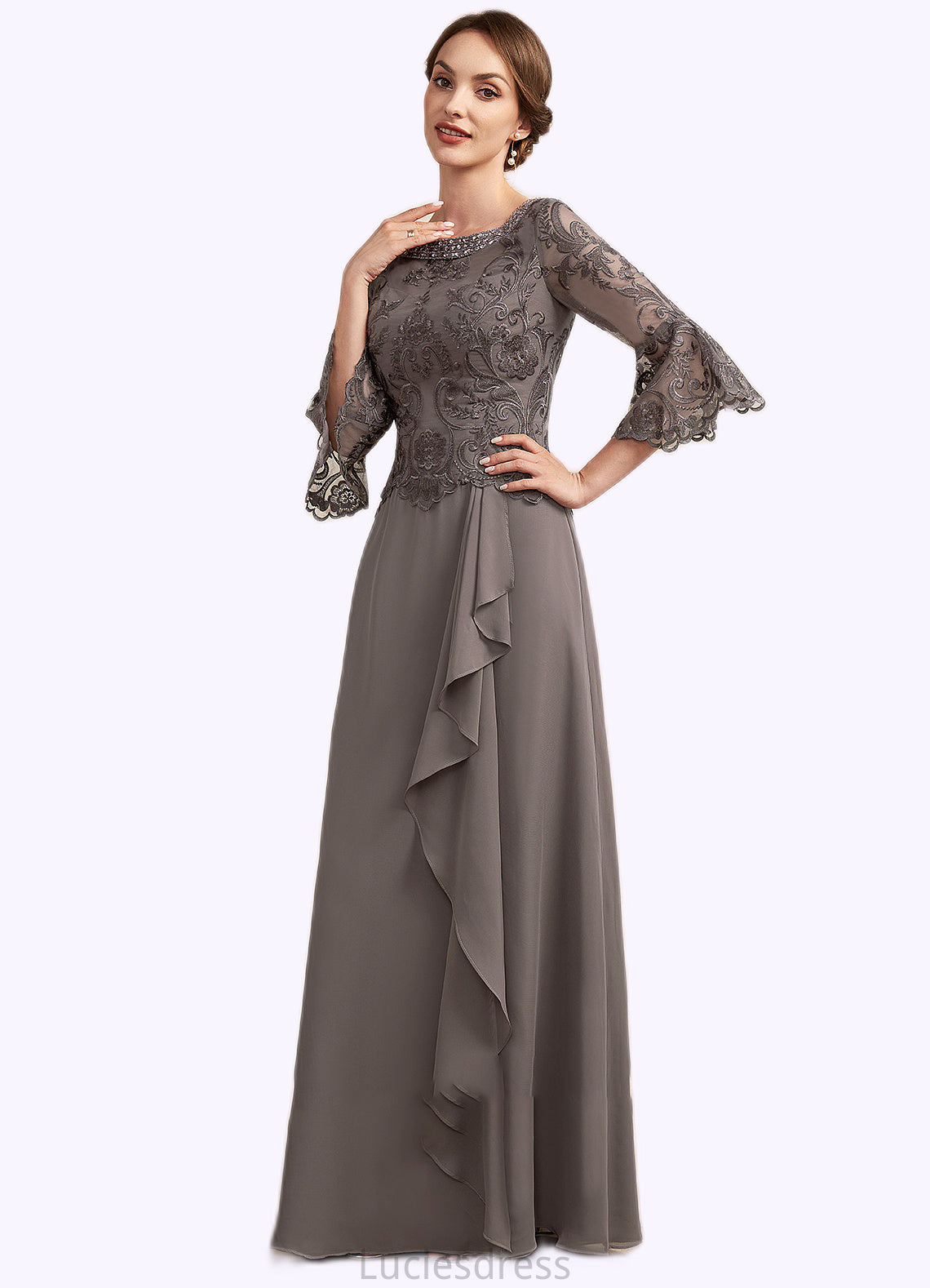 Skylar A-Line Scoop Neck Floor-Length Chiffon Lace Mother of the Bride Dress With Beading Cascading Ruffles HF126P0014797