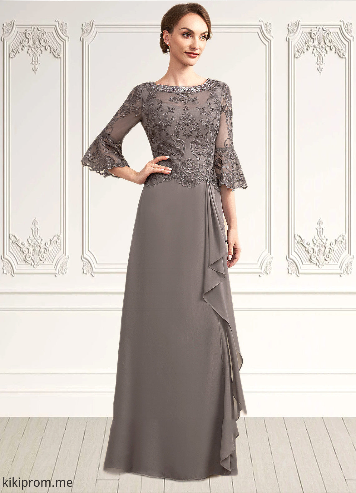 Jada A-Line Scoop Neck Floor-Length Chiffon Lace Mother of the Bride Dress With Beading Cascading Ruffles STF126P0014797