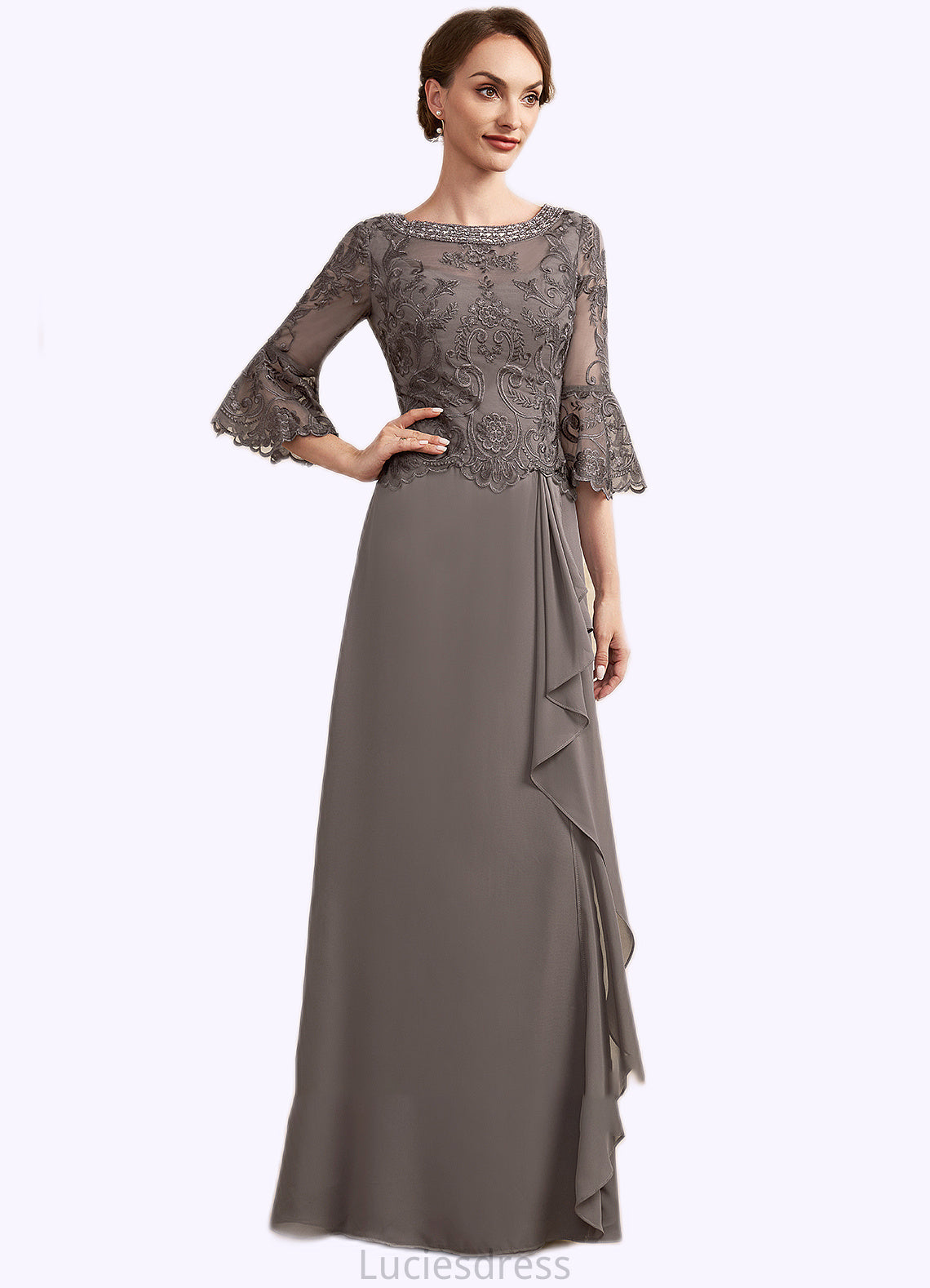 Skylar A-Line Scoop Neck Floor-Length Chiffon Lace Mother of the Bride Dress With Beading Cascading Ruffles HF126P0014797