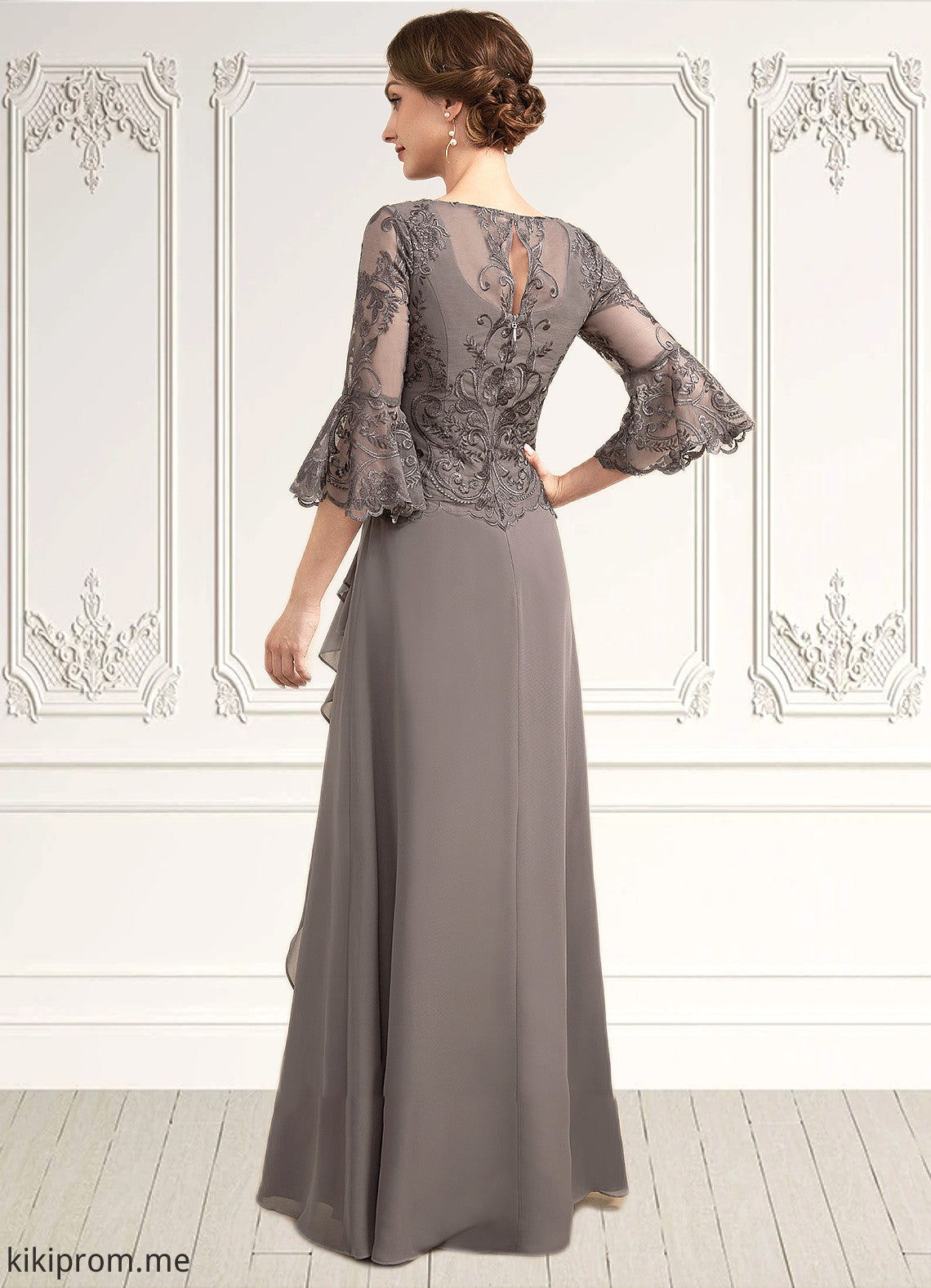 Jada A-Line Scoop Neck Floor-Length Chiffon Lace Mother of the Bride Dress With Beading Cascading Ruffles STF126P0014797