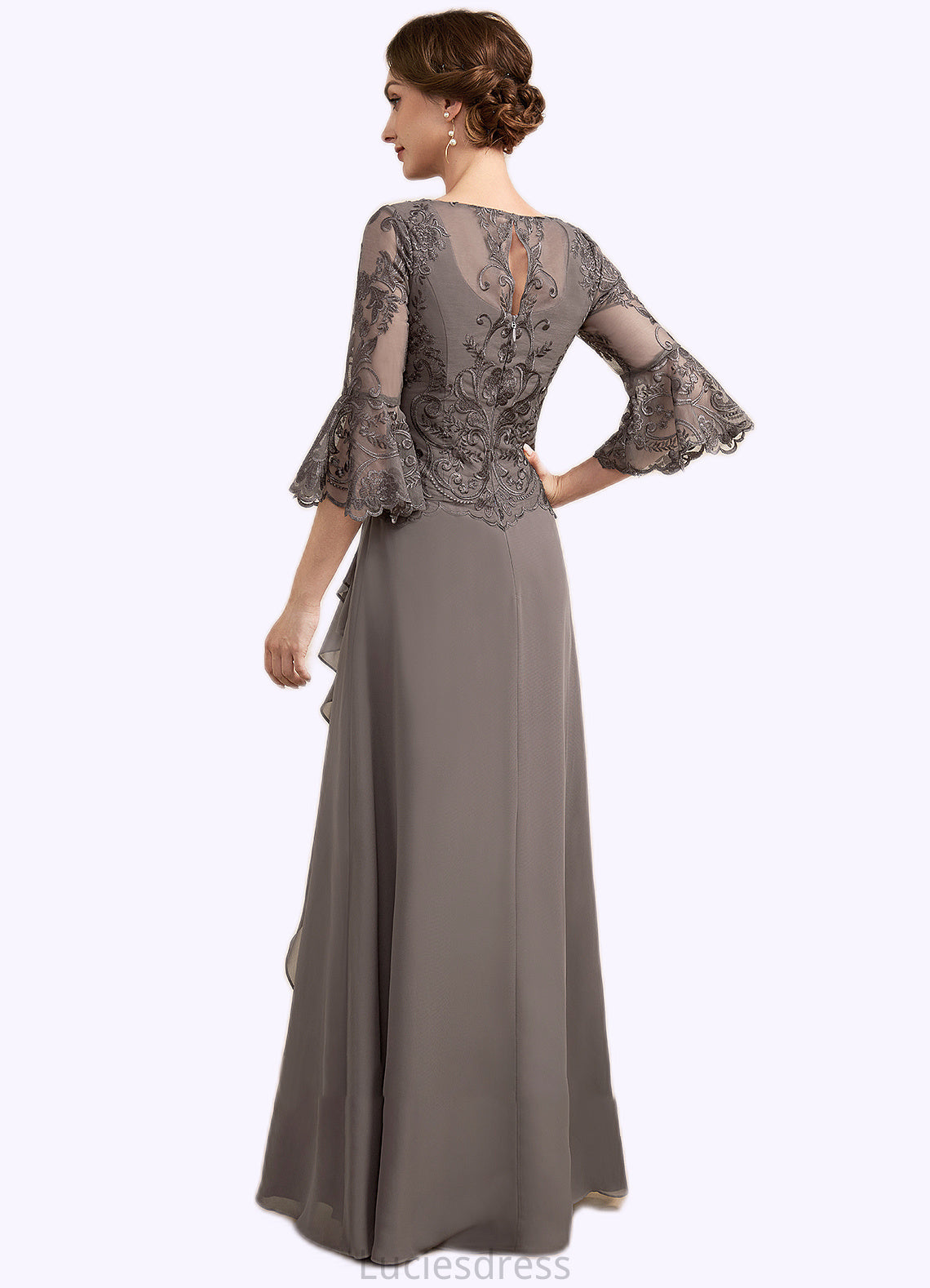 Skylar A-Line Scoop Neck Floor-Length Chiffon Lace Mother of the Bride Dress With Beading Cascading Ruffles HF126P0014797