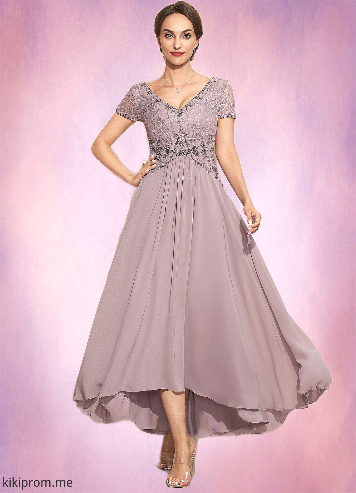 Quinn A-Line V-neck Asymmetrical Chiffon Lace Mother of the Bride Dress With Beading STF126P0014799