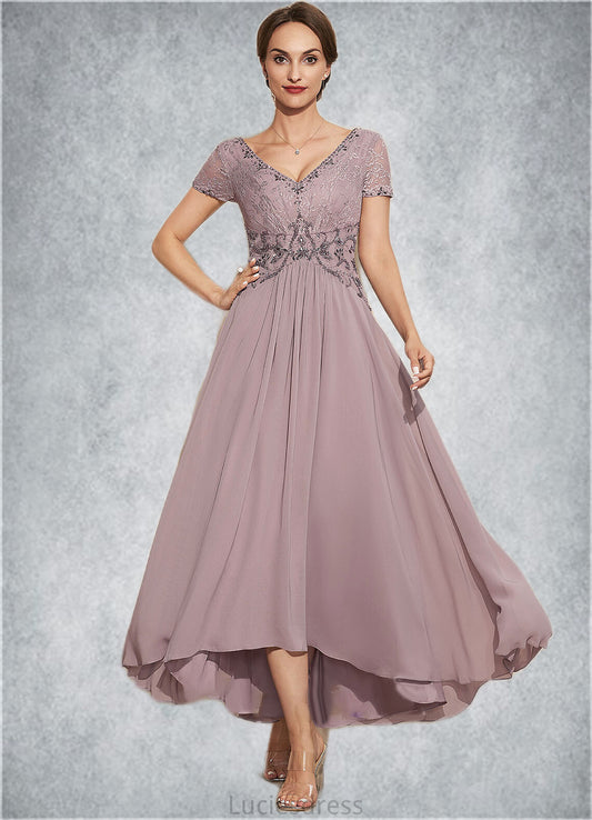 Jasmine A-Line V-neck Asymmetrical Chiffon Lace Mother of the Bride Dress With Beading HF126P0014799