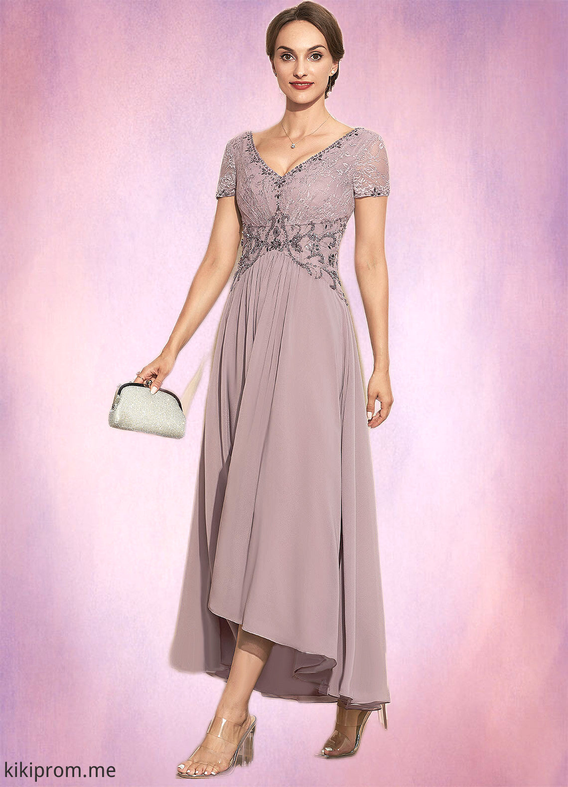 Quinn A-Line V-neck Asymmetrical Chiffon Lace Mother of the Bride Dress With Beading STF126P0014799