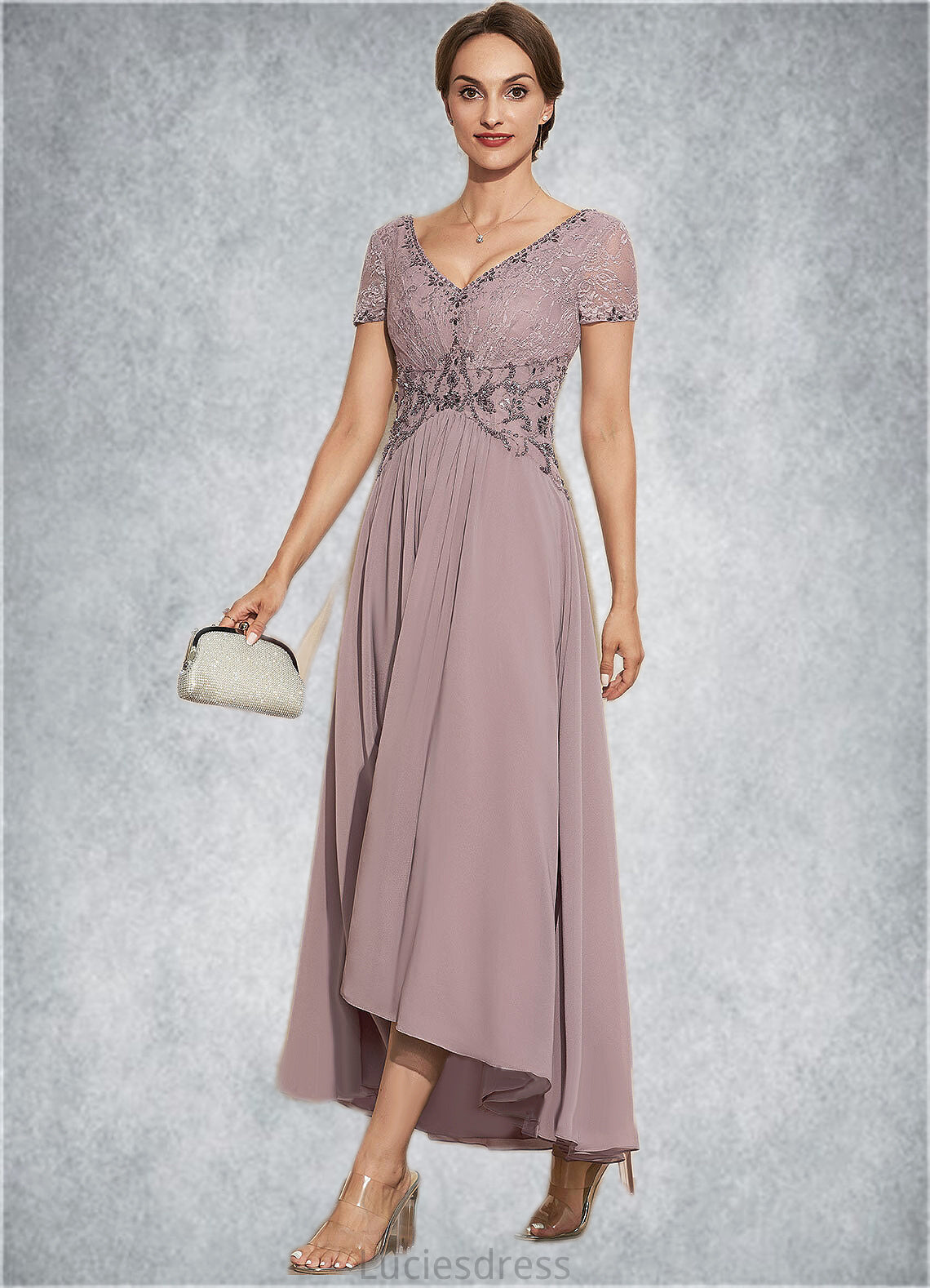 Jasmine A-Line V-neck Asymmetrical Chiffon Lace Mother of the Bride Dress With Beading HF126P0014799