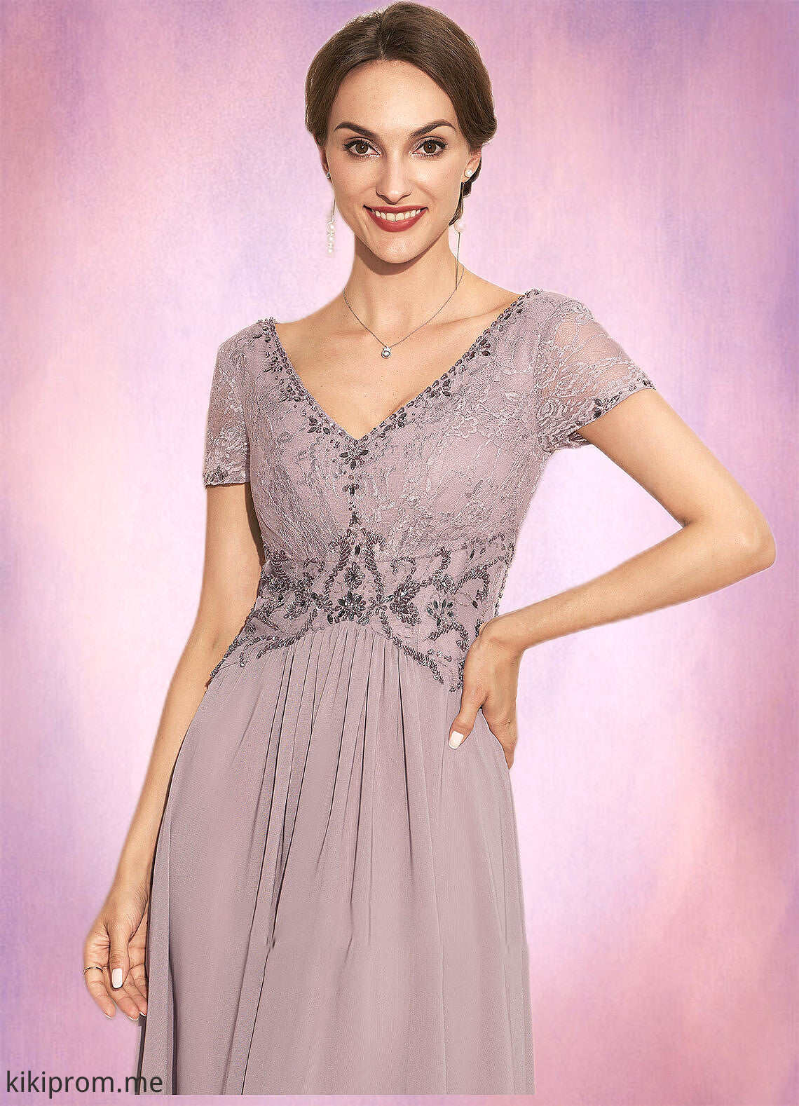 Quinn A-Line V-neck Asymmetrical Chiffon Lace Mother of the Bride Dress With Beading STF126P0014799