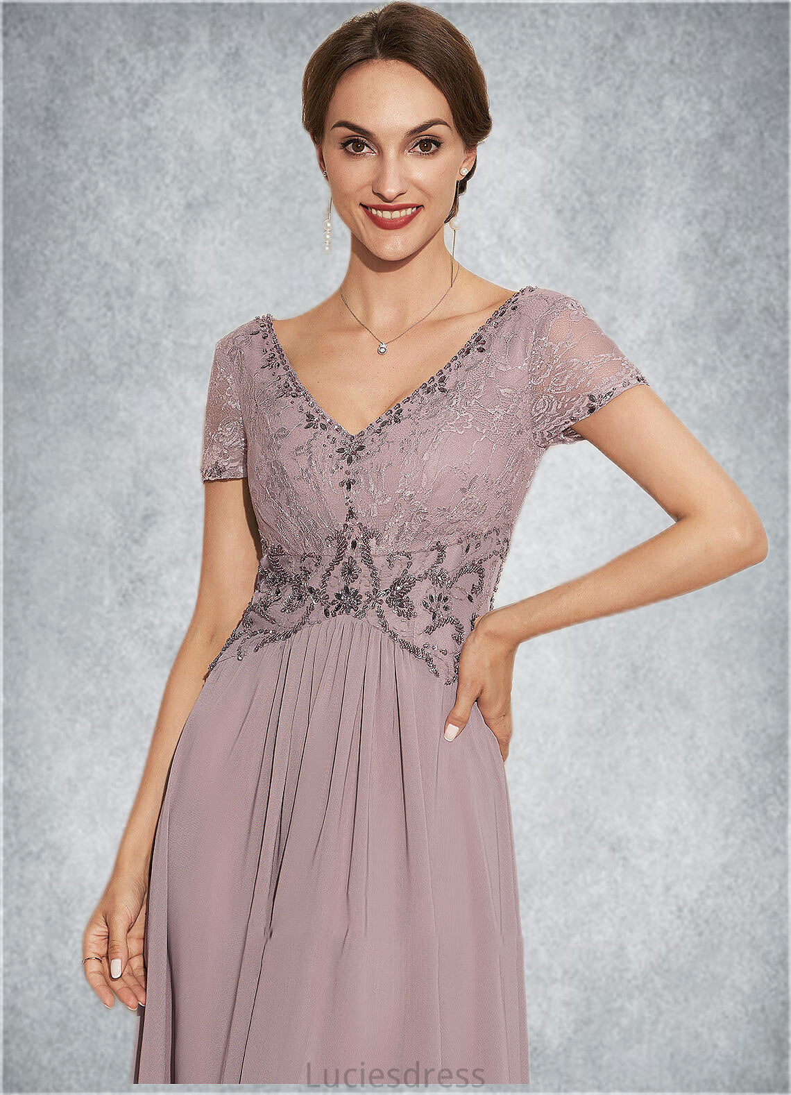 Jasmine A-Line V-neck Asymmetrical Chiffon Lace Mother of the Bride Dress With Beading HF126P0014799