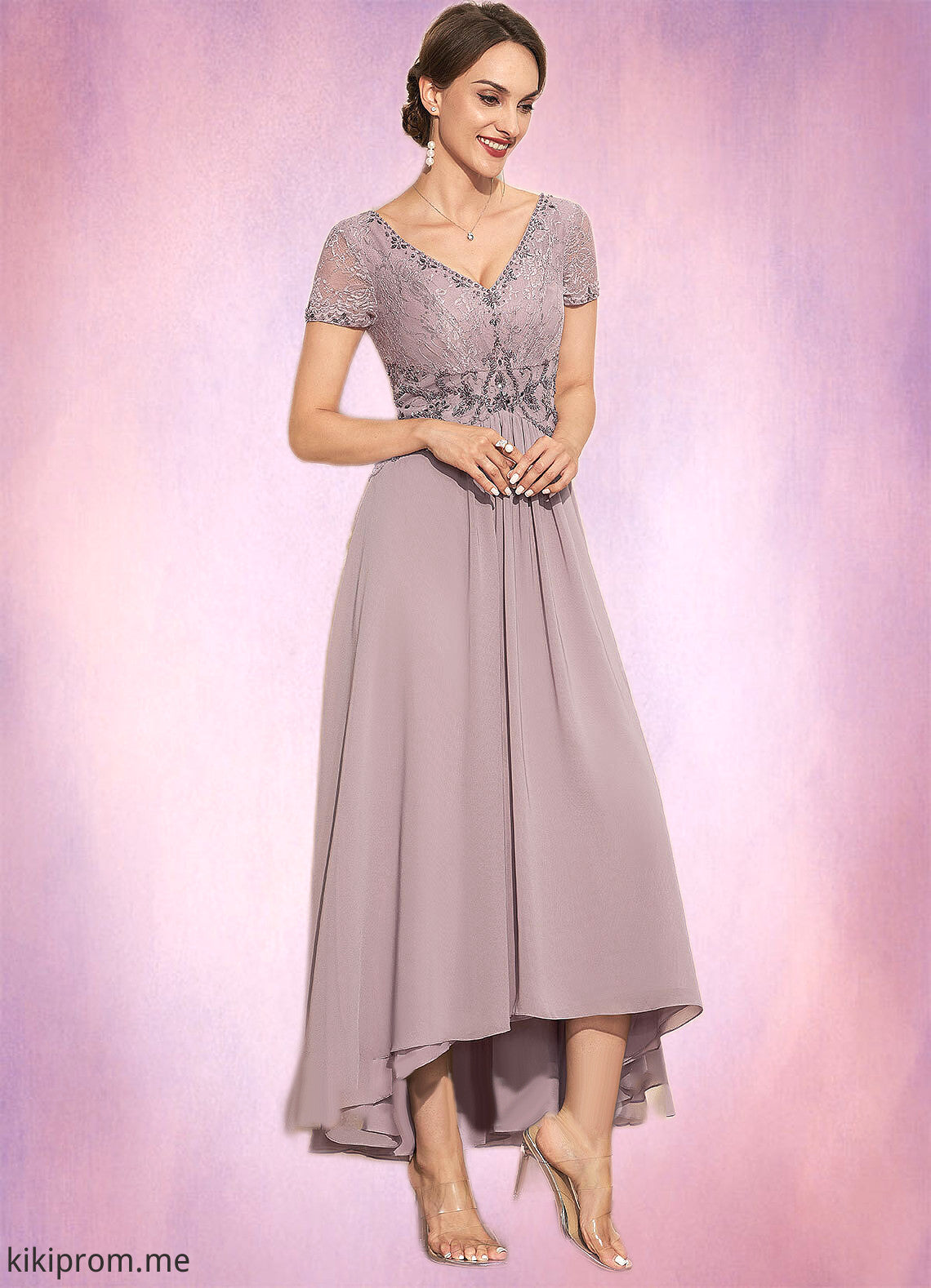 Quinn A-Line V-neck Asymmetrical Chiffon Lace Mother of the Bride Dress With Beading STF126P0014799