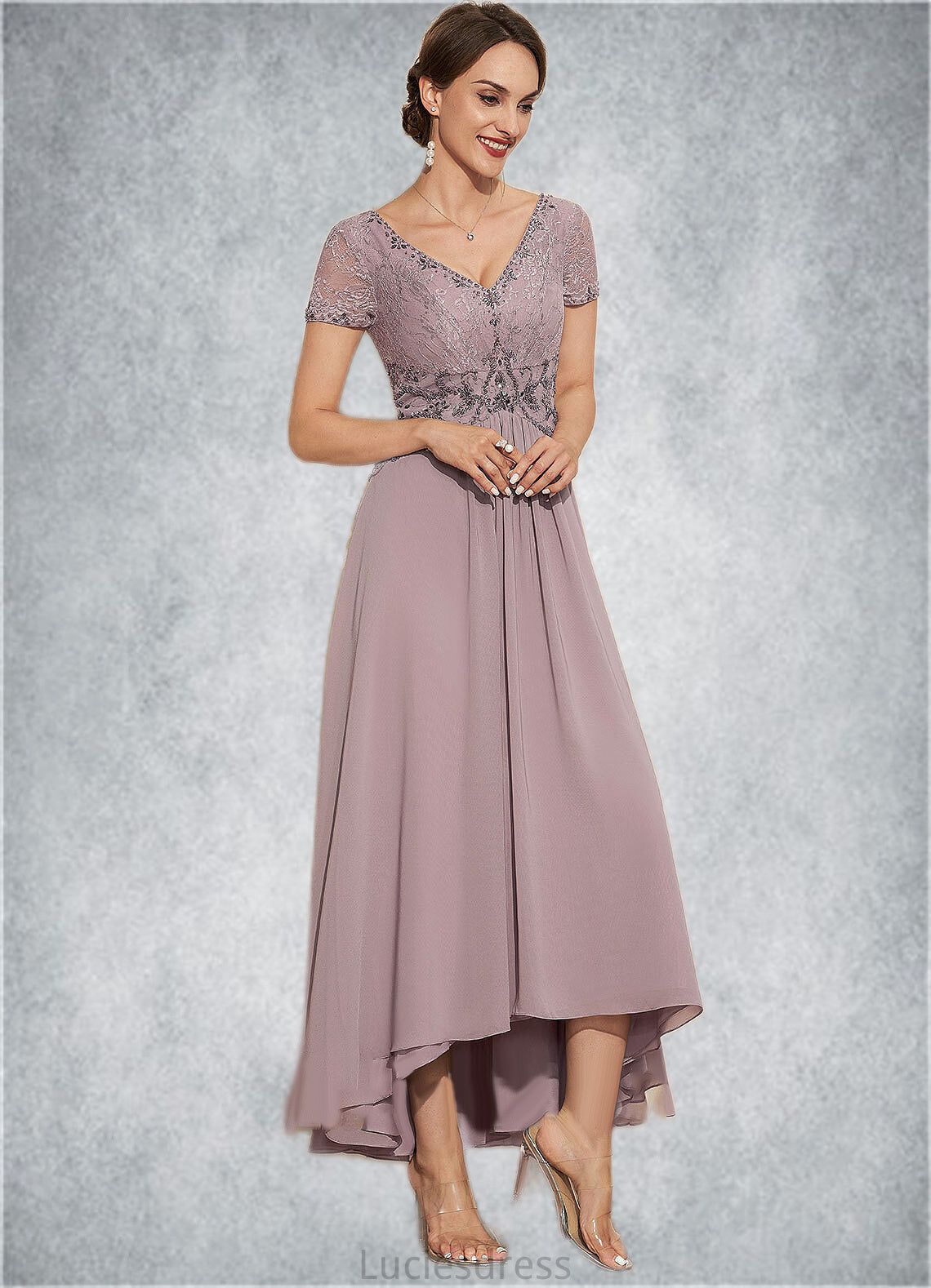 Jasmine A-Line V-neck Asymmetrical Chiffon Lace Mother of the Bride Dress With Beading HF126P0014799