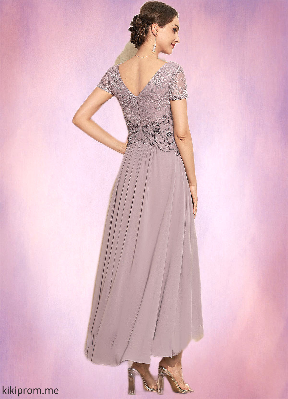 Quinn A-Line V-neck Asymmetrical Chiffon Lace Mother of the Bride Dress With Beading STF126P0014799