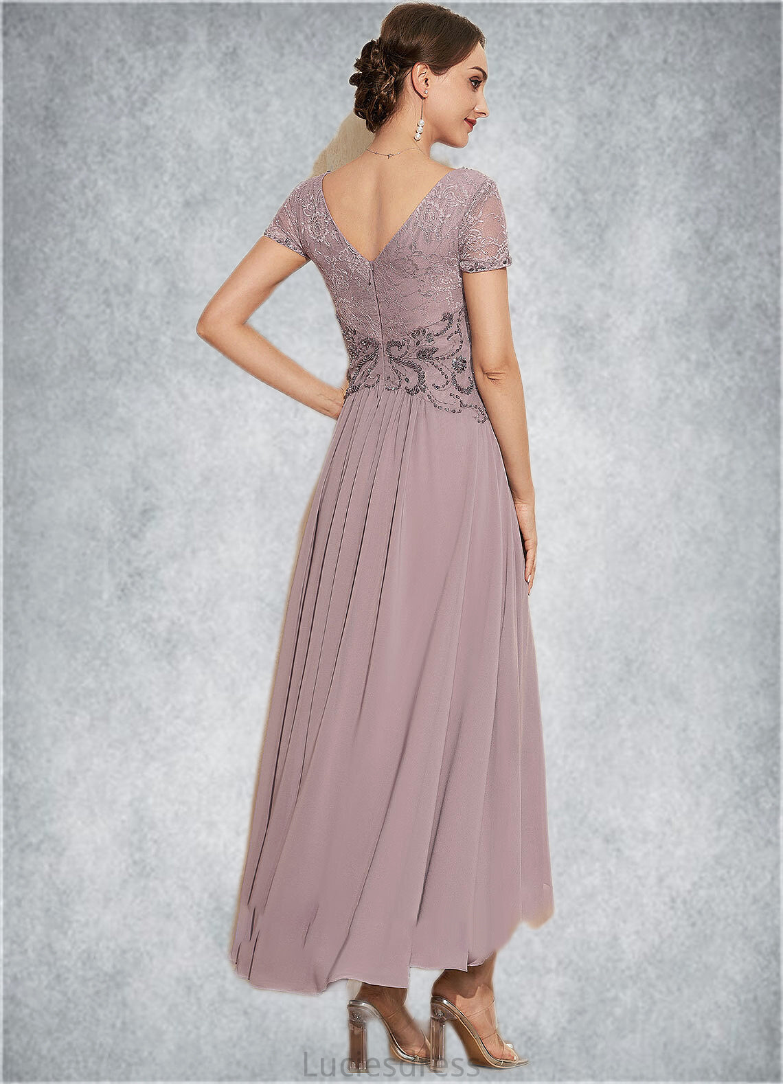 Jasmine A-Line V-neck Asymmetrical Chiffon Lace Mother of the Bride Dress With Beading HF126P0014799