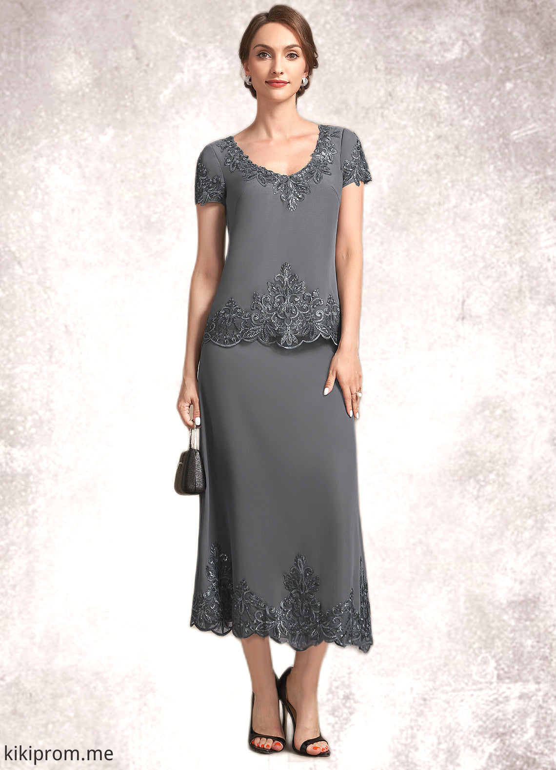 Eleanor A-Line Scoop Neck Tea-Length Chiffon Lace Mother of the Bride Dress With Sequins STF126P0014800