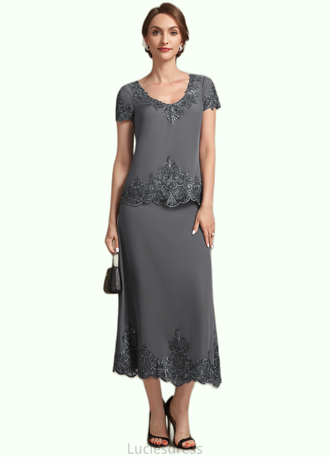 Shania A-Line Scoop Neck Tea-Length Chiffon Lace Mother of the Bride Dress With Sequins HF126P0014800