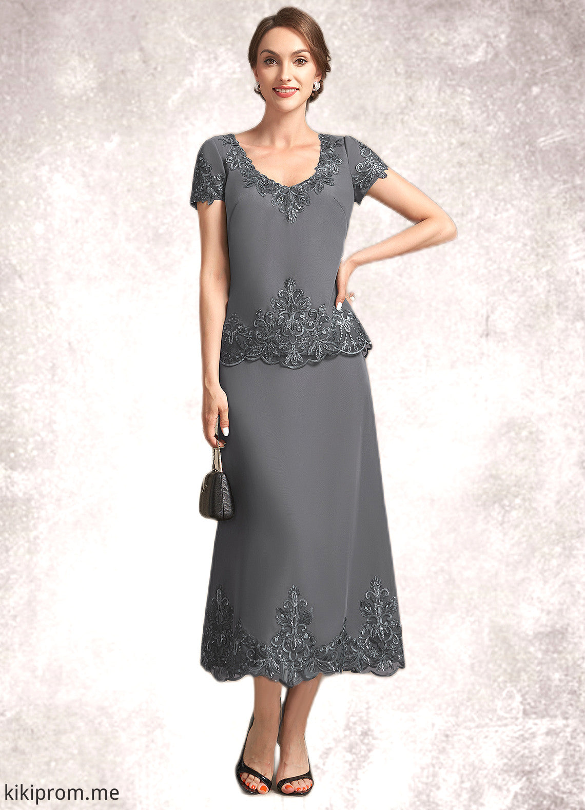 Eleanor A-Line Scoop Neck Tea-Length Chiffon Lace Mother of the Bride Dress With Sequins STF126P0014800