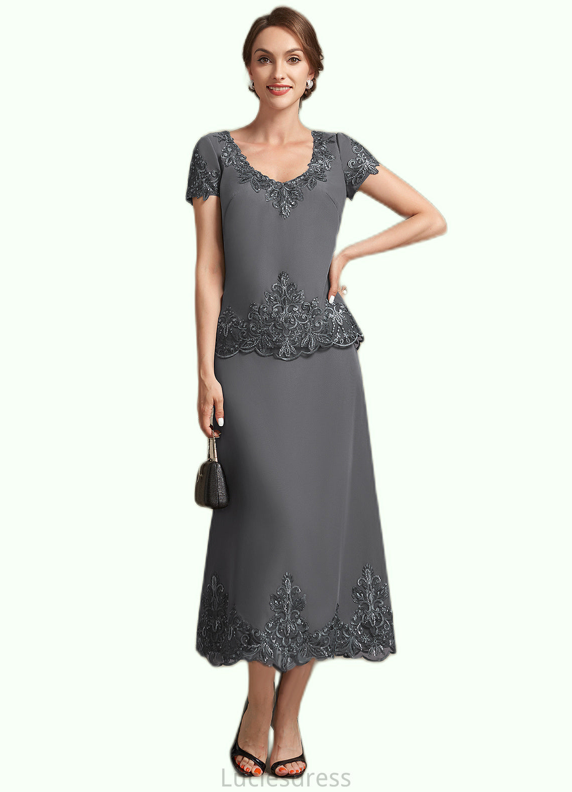 Shania A-Line Scoop Neck Tea-Length Chiffon Lace Mother of the Bride Dress With Sequins HF126P0014800