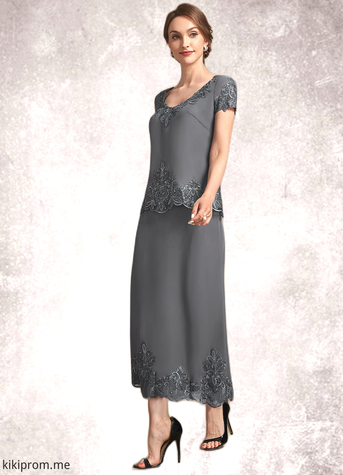 Eleanor A-Line Scoop Neck Tea-Length Chiffon Lace Mother of the Bride Dress With Sequins STF126P0014800