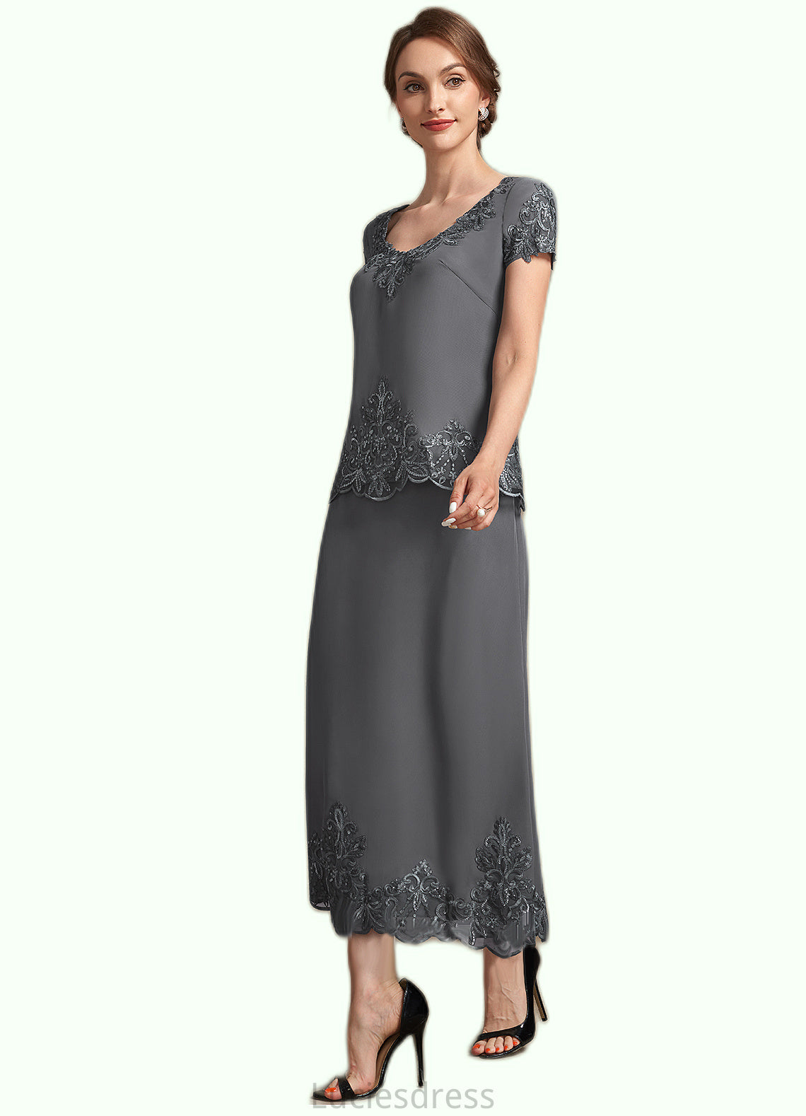 Shania A-Line Scoop Neck Tea-Length Chiffon Lace Mother of the Bride Dress With Sequins HF126P0014800