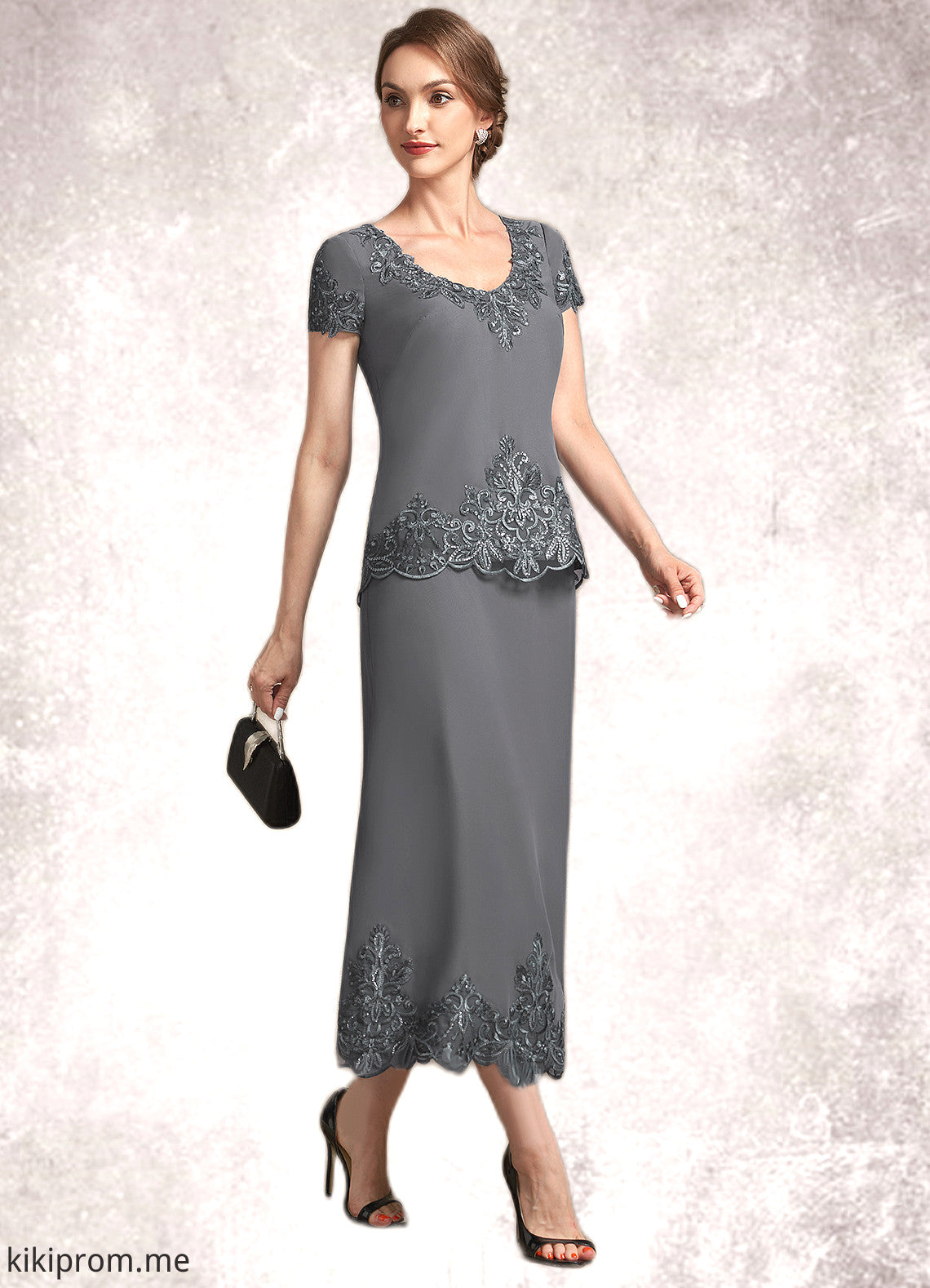 Eleanor A-Line Scoop Neck Tea-Length Chiffon Lace Mother of the Bride Dress With Sequins STF126P0014800