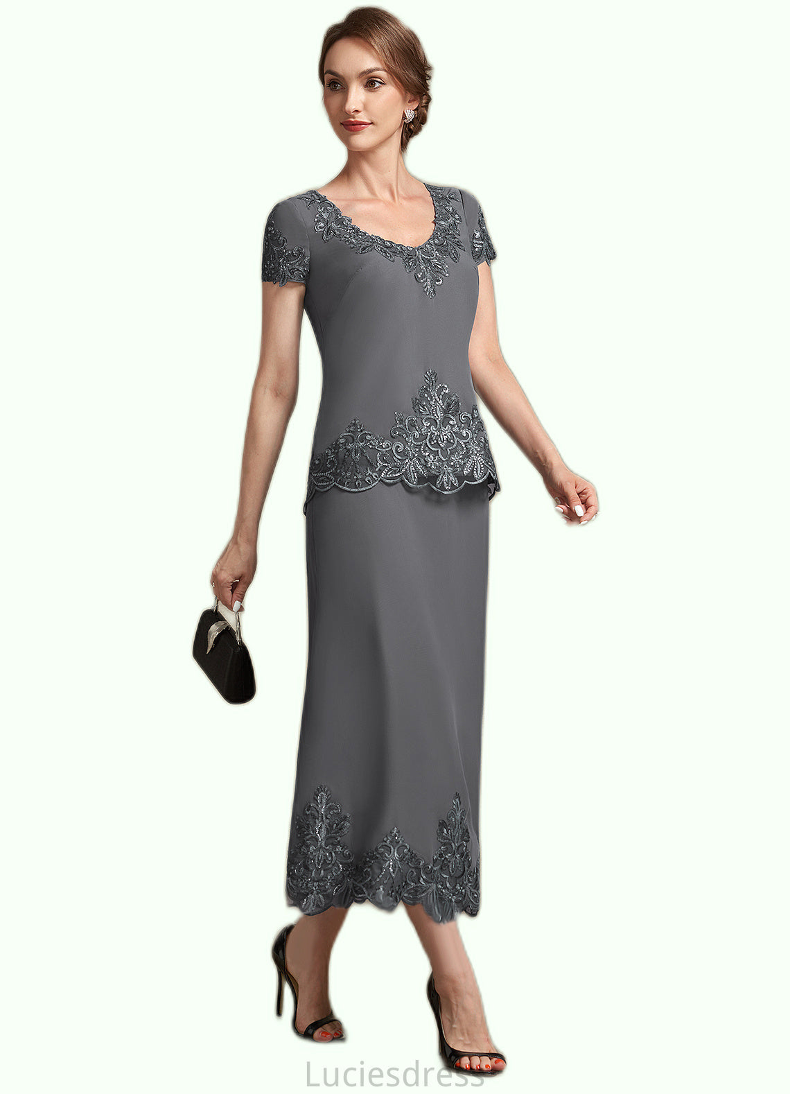 Shania A-Line Scoop Neck Tea-Length Chiffon Lace Mother of the Bride Dress With Sequins HF126P0014800