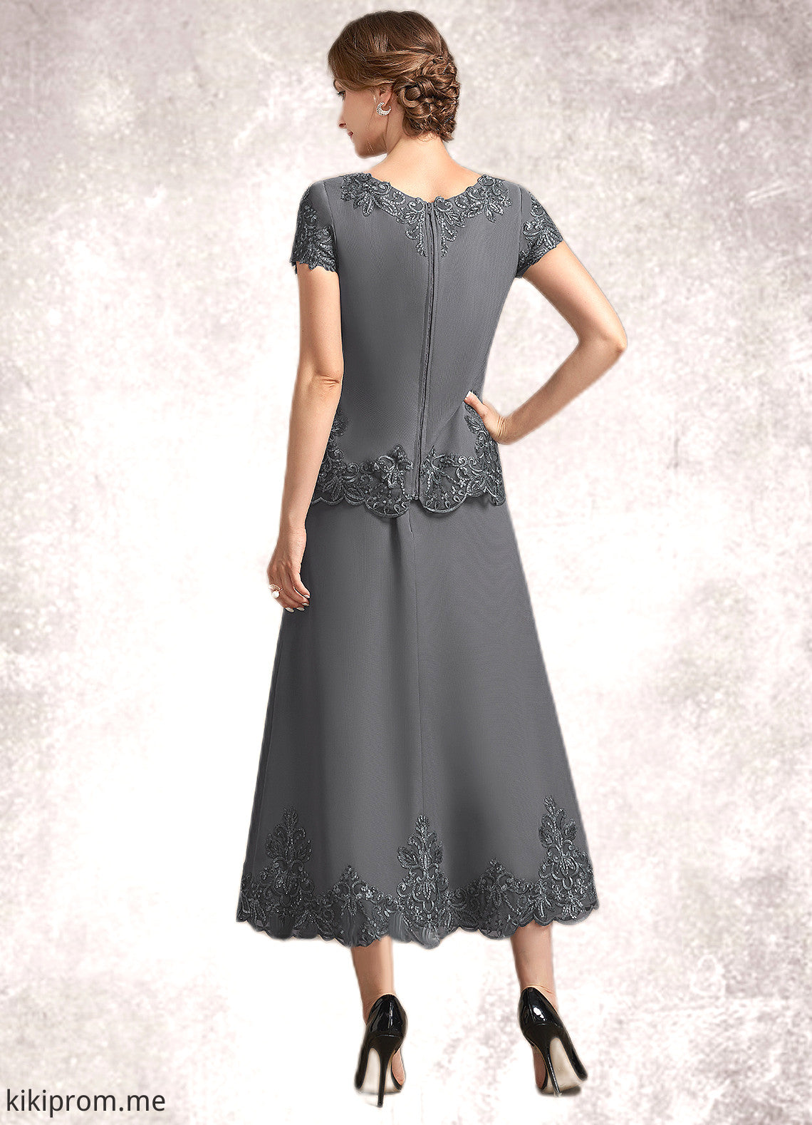 Eleanor A-Line Scoop Neck Tea-Length Chiffon Lace Mother of the Bride Dress With Sequins STF126P0014800