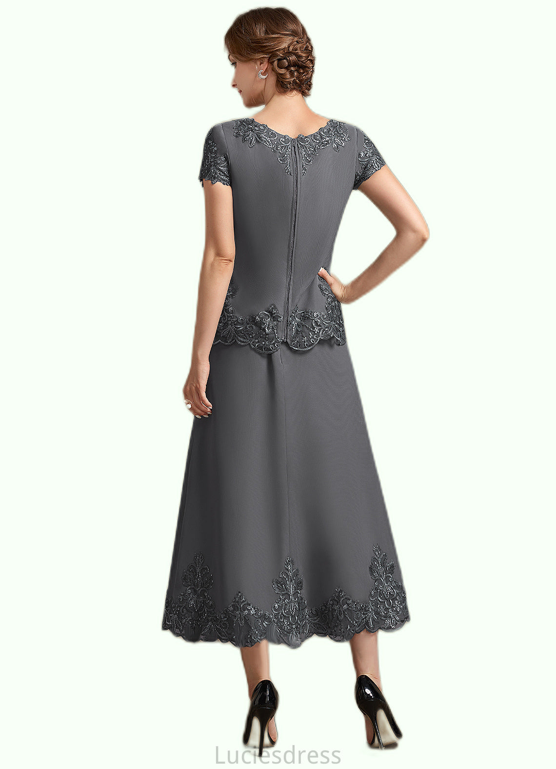 Shania A-Line Scoop Neck Tea-Length Chiffon Lace Mother of the Bride Dress With Sequins HF126P0014800