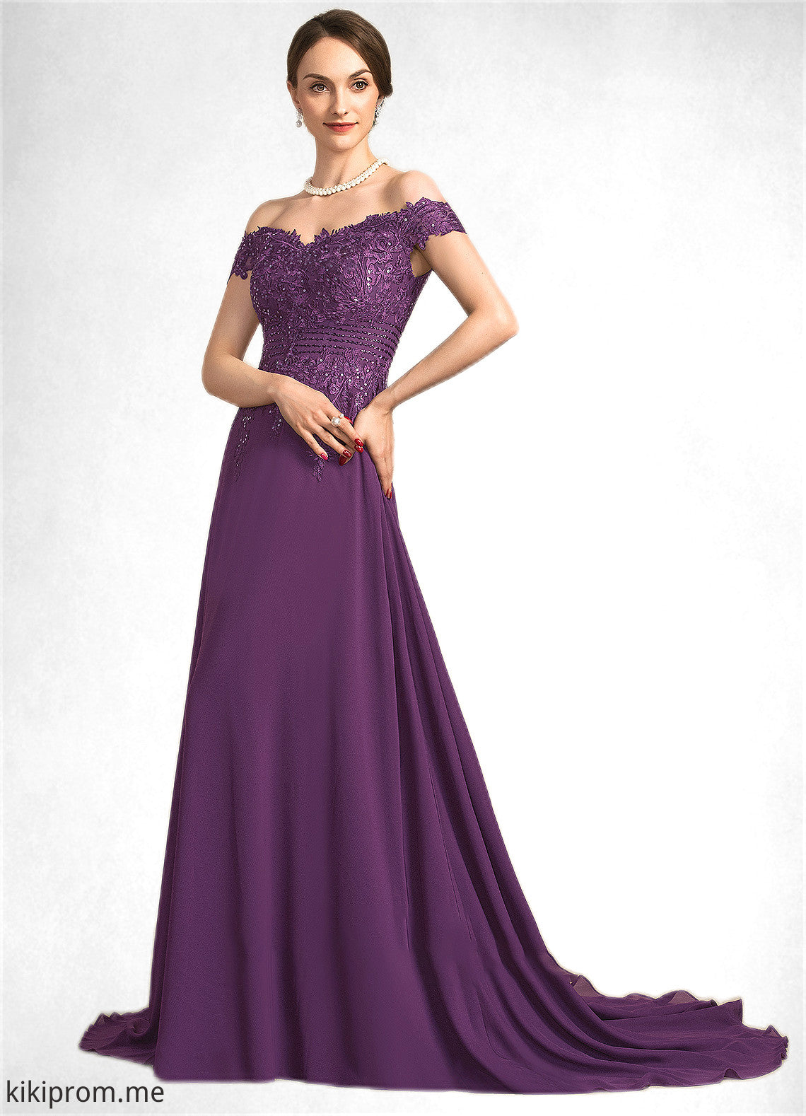 Dahlia A-Line Off-the-Shoulder Sweep Train Chiffon Lace Mother of the Bride Dress With Beading Sequins STF126P0014801