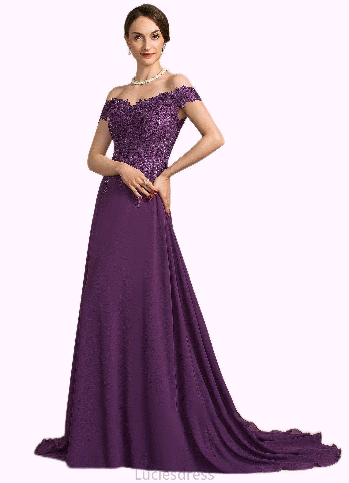 Nathalie A-Line Off-the-Shoulder Sweep Train Chiffon Lace Mother of the Bride Dress With Beading Sequins HF126P0014801