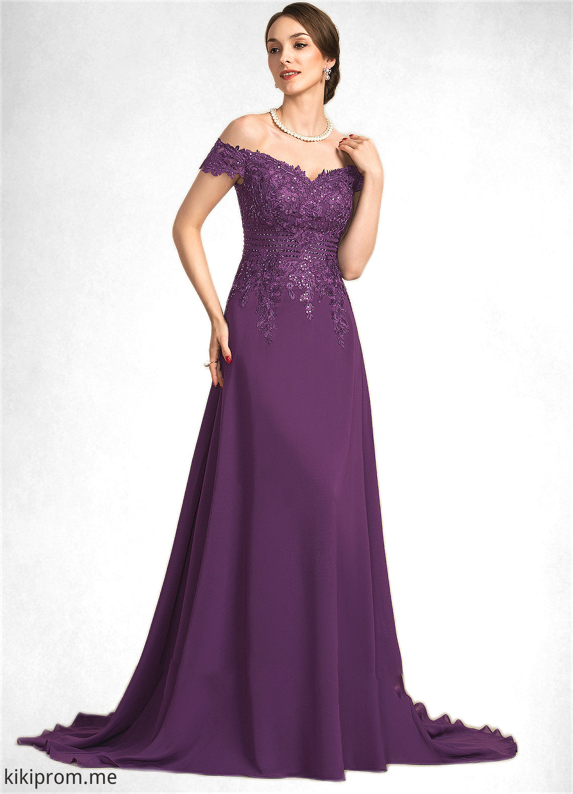 Dahlia A-Line Off-the-Shoulder Sweep Train Chiffon Lace Mother of the Bride Dress With Beading Sequins STF126P0014801