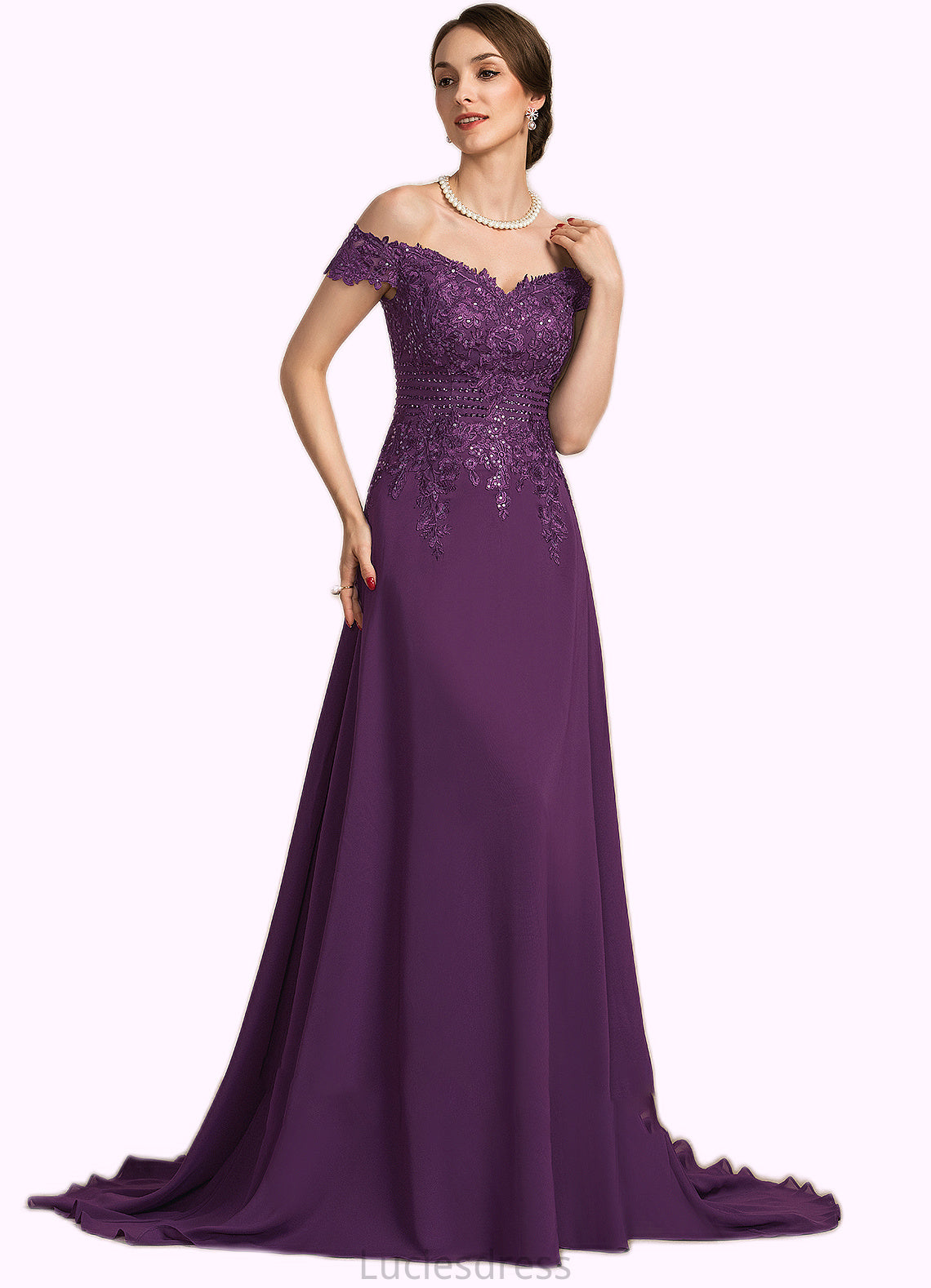 Nathalie A-Line Off-the-Shoulder Sweep Train Chiffon Lace Mother of the Bride Dress With Beading Sequins HF126P0014801