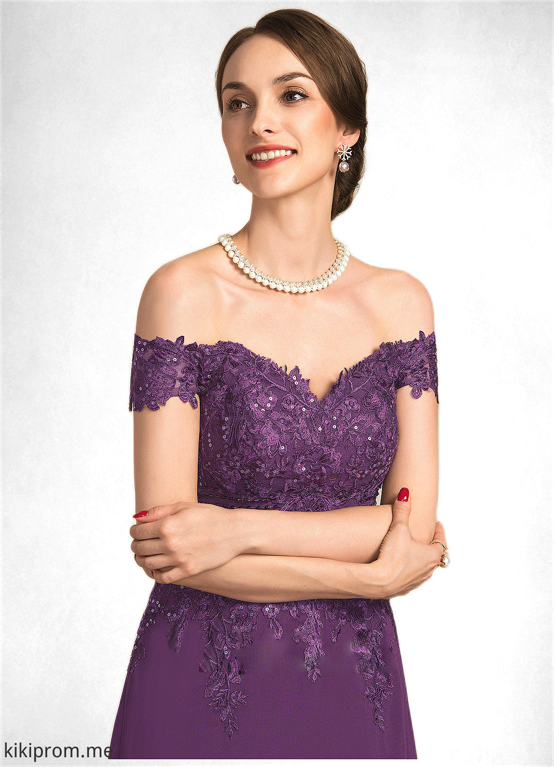 Dahlia A-Line Off-the-Shoulder Sweep Train Chiffon Lace Mother of the Bride Dress With Beading Sequins STF126P0014801