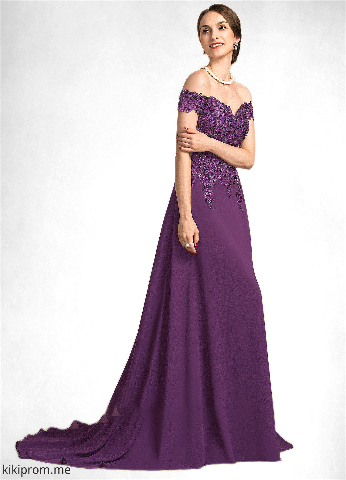 Dahlia A-Line Off-the-Shoulder Sweep Train Chiffon Lace Mother of the Bride Dress With Beading Sequins STF126P0014801