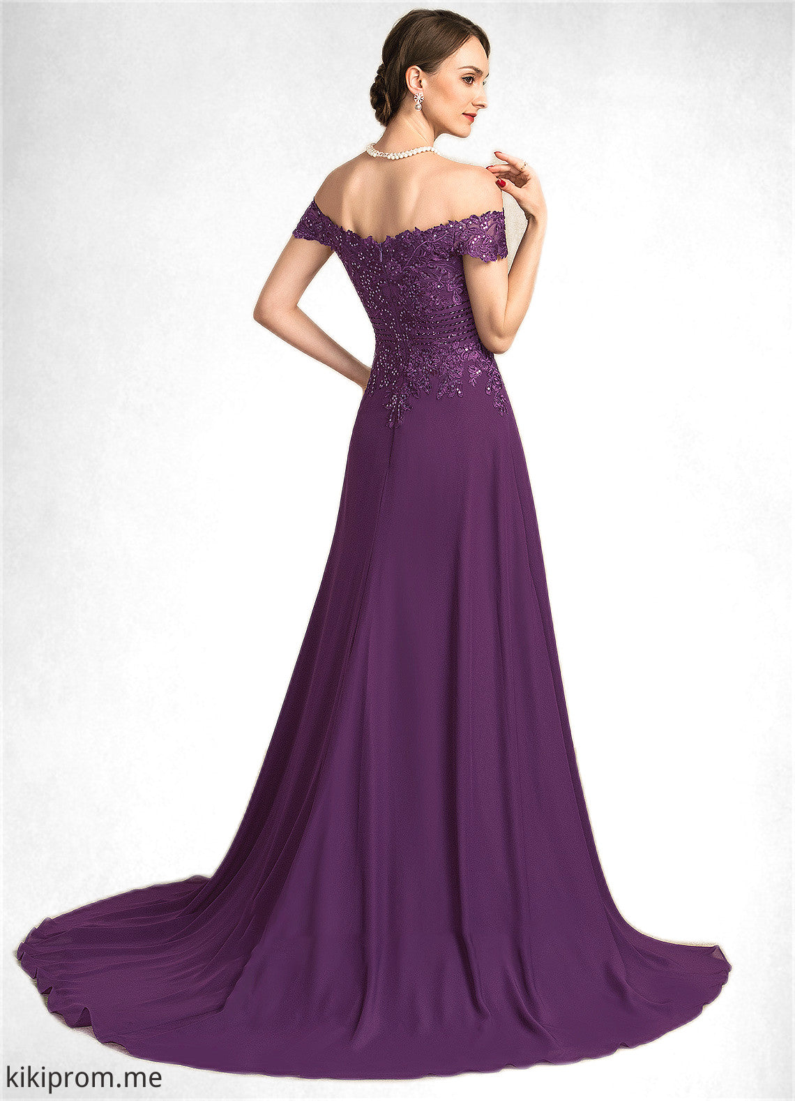 Dahlia A-Line Off-the-Shoulder Sweep Train Chiffon Lace Mother of the Bride Dress With Beading Sequins STF126P0014801