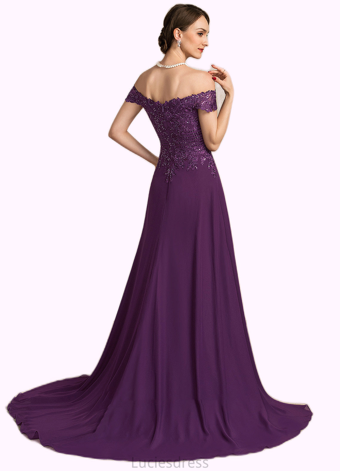 Nathalie A-Line Off-the-Shoulder Sweep Train Chiffon Lace Mother of the Bride Dress With Beading Sequins HF126P0014801