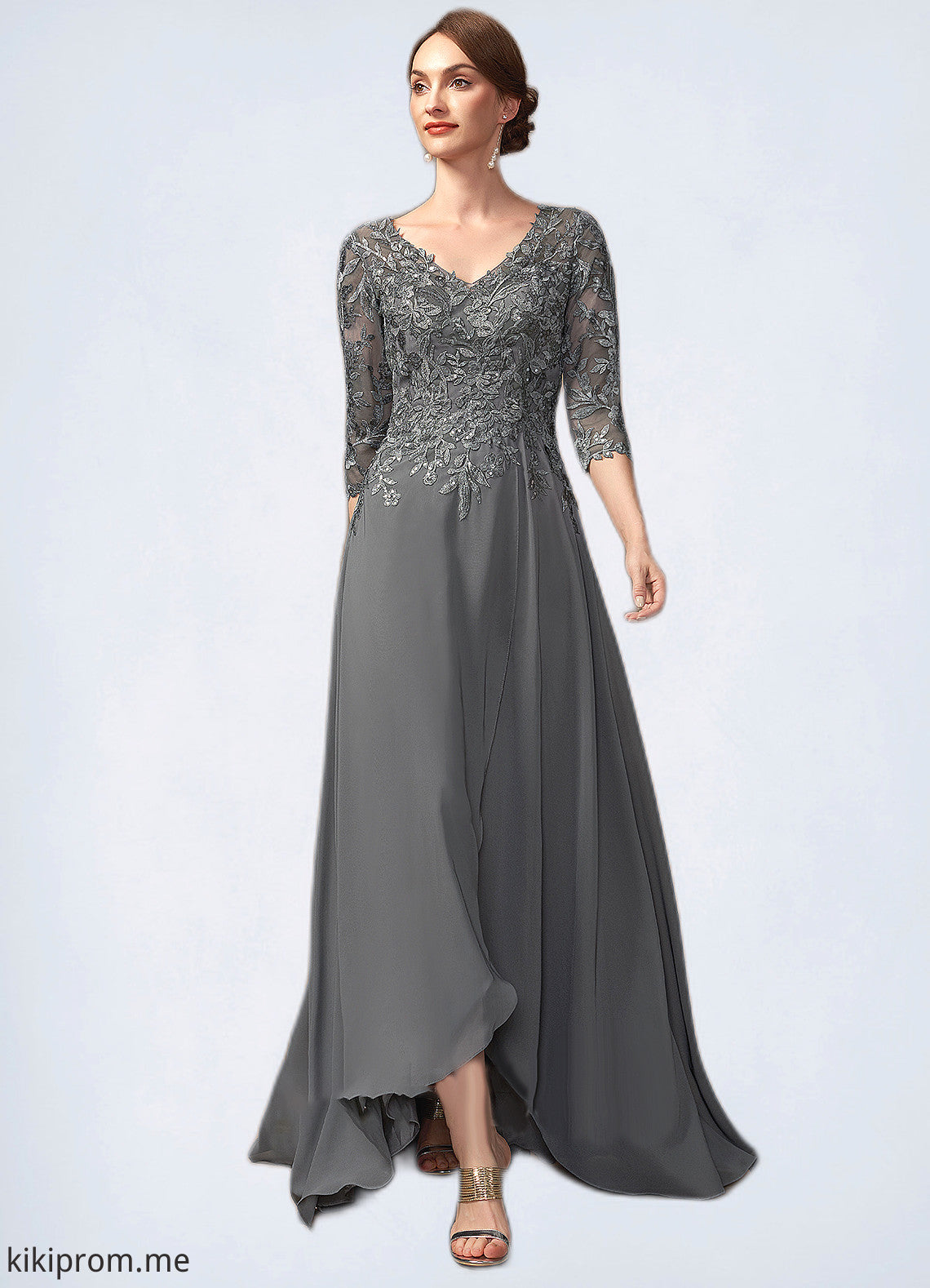 Cassandra A-Line V-neck Asymmetrical Chiffon Lace Mother of the Bride Dress With Sequins STF126P0014803