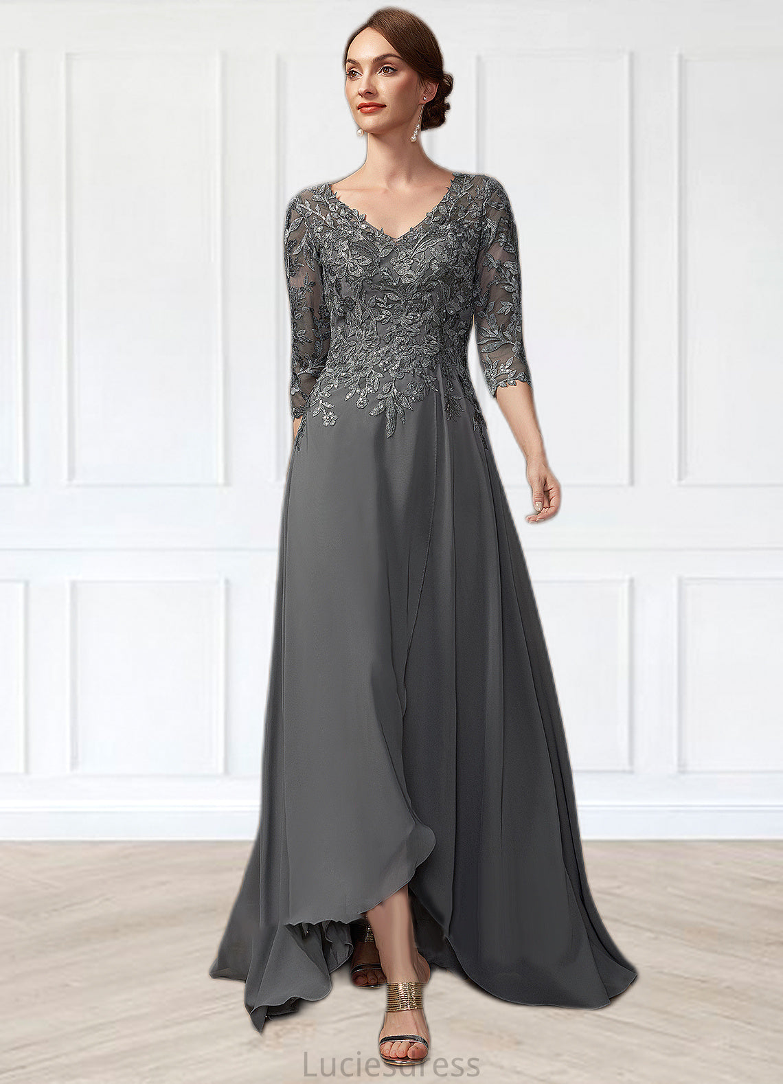 Daphne A-Line V-neck Asymmetrical Chiffon Lace Mother of the Bride Dress With Sequins HF126P0014803