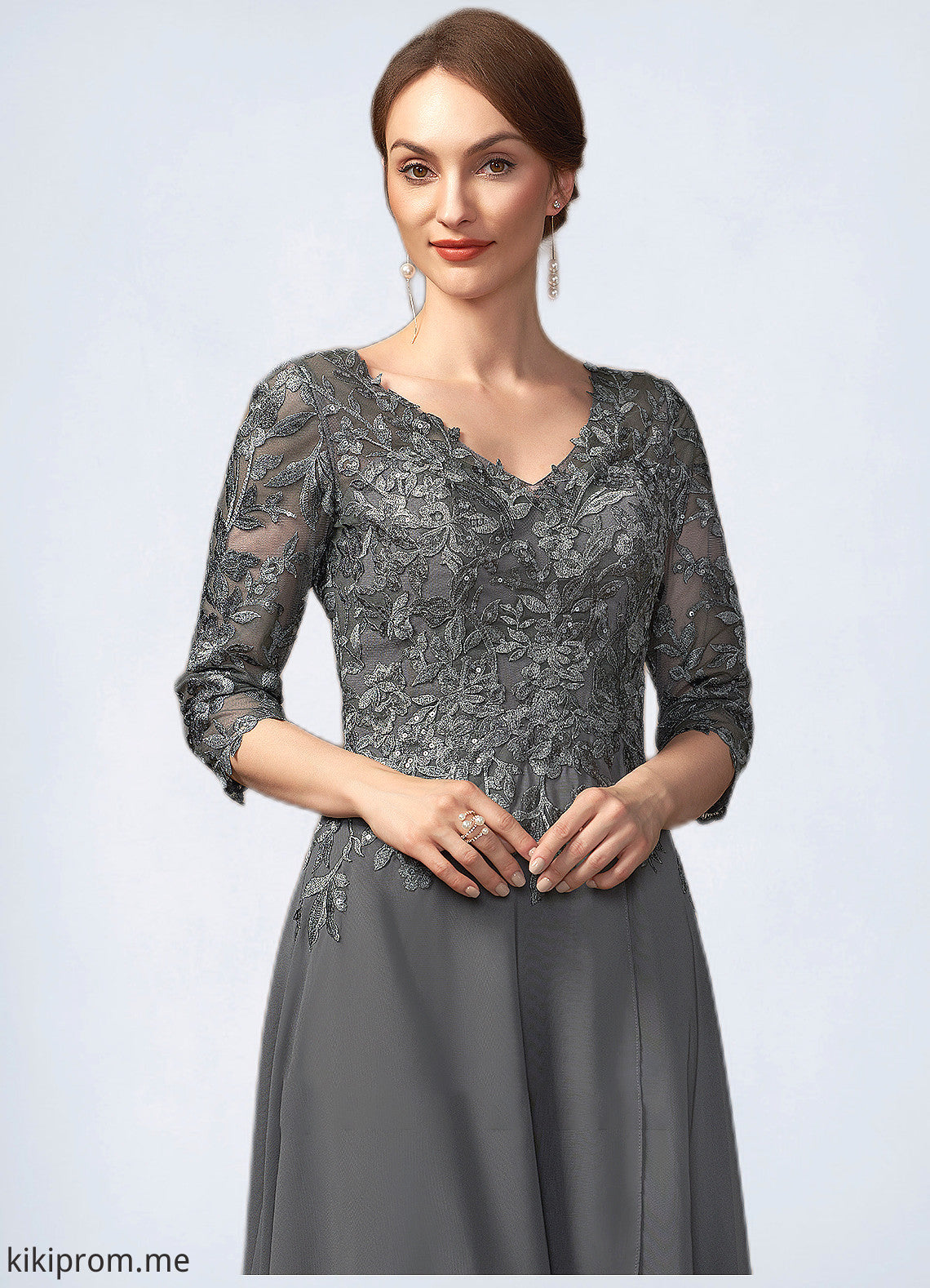 Cassandra A-Line V-neck Asymmetrical Chiffon Lace Mother of the Bride Dress With Sequins STF126P0014803