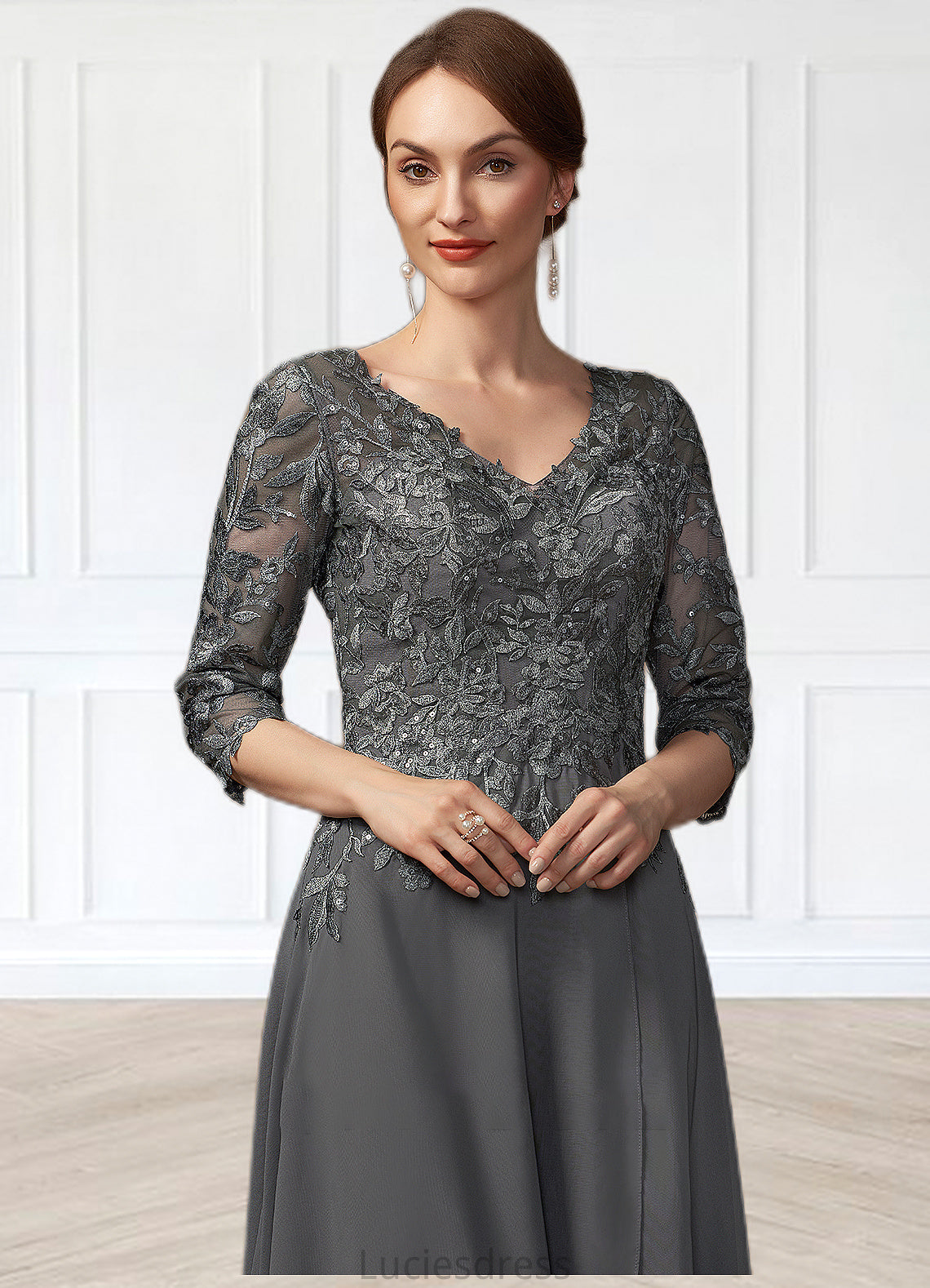 Daphne A-Line V-neck Asymmetrical Chiffon Lace Mother of the Bride Dress With Sequins HF126P0014803