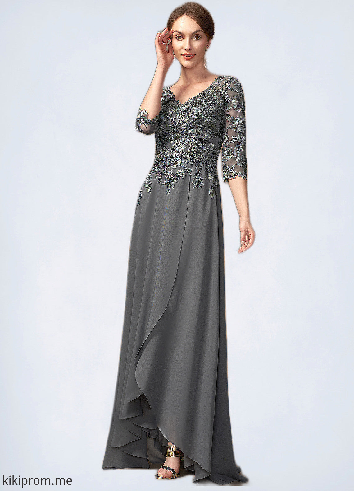 Cassandra A-Line V-neck Asymmetrical Chiffon Lace Mother of the Bride Dress With Sequins STF126P0014803