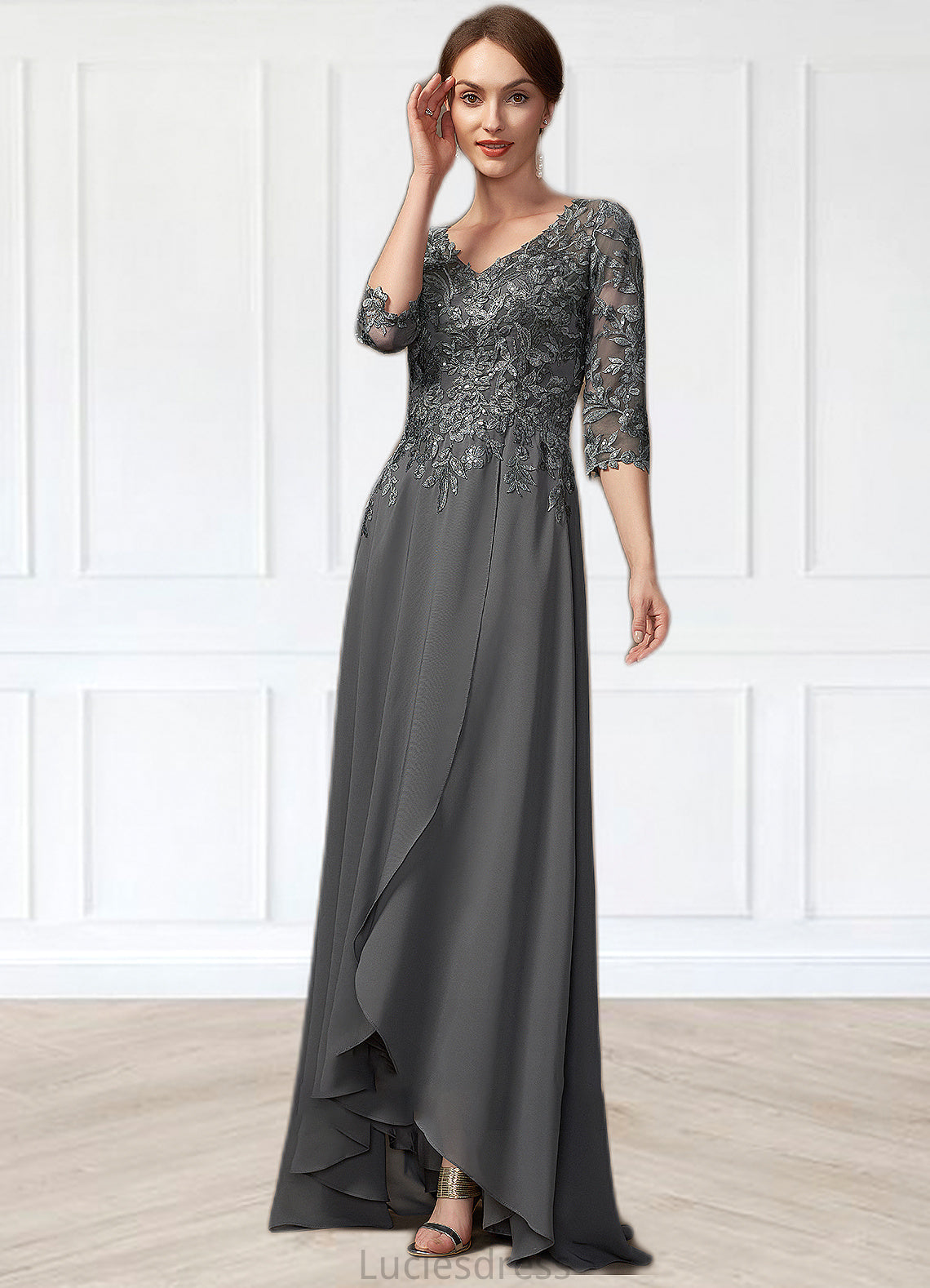 Daphne A-Line V-neck Asymmetrical Chiffon Lace Mother of the Bride Dress With Sequins HF126P0014803