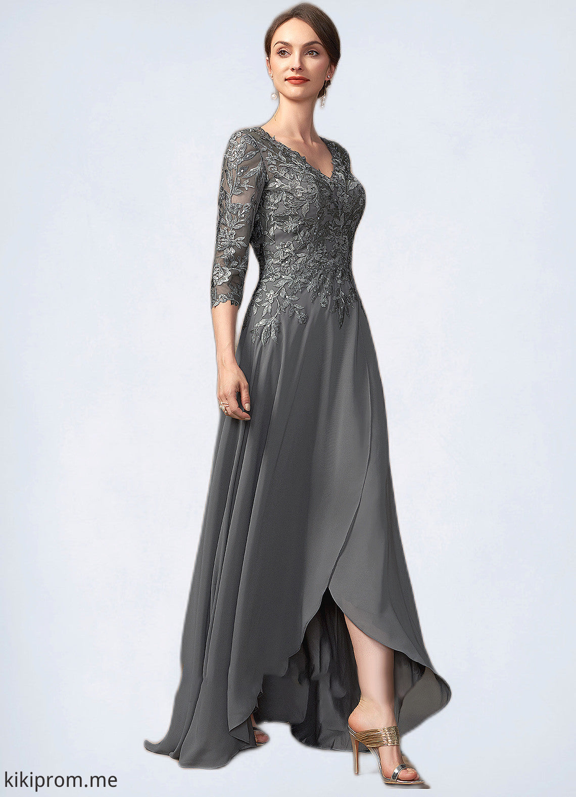 Cassandra A-Line V-neck Asymmetrical Chiffon Lace Mother of the Bride Dress With Sequins STF126P0014803