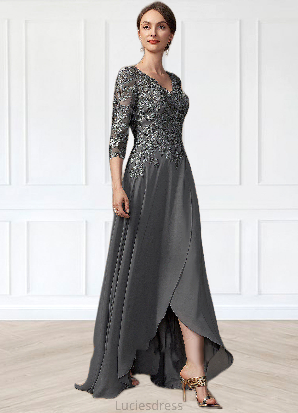 Daphne A-Line V-neck Asymmetrical Chiffon Lace Mother of the Bride Dress With Sequins HF126P0014803