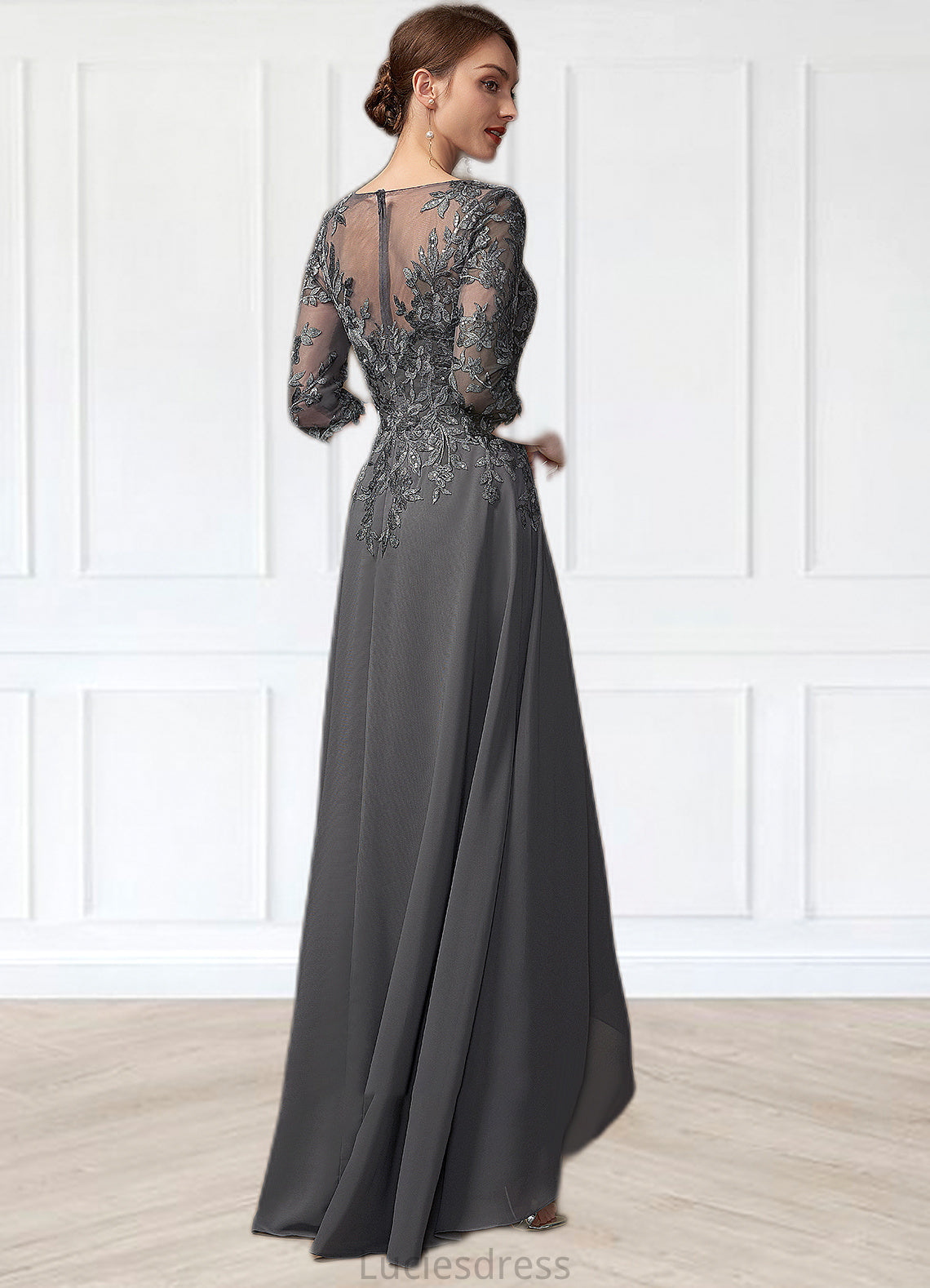 Daphne A-Line V-neck Asymmetrical Chiffon Lace Mother of the Bride Dress With Sequins HF126P0014803