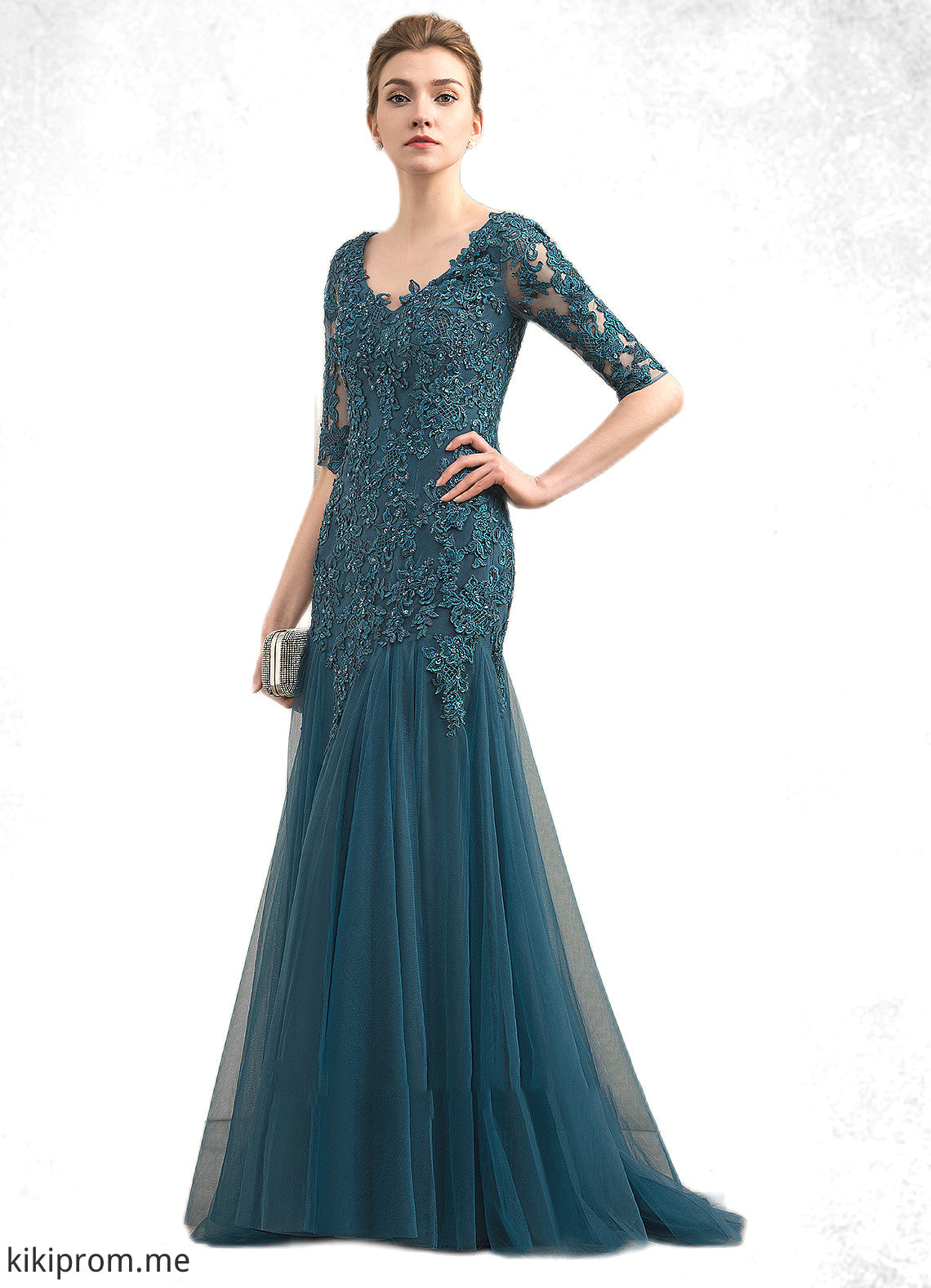 Naomi Trumpet/Mermaid V-neck Sweep Train Tulle Lace Mother of the Bride Dress With Beading Sequins STF126P0014804