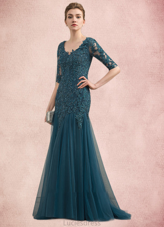 Esmeralda Trumpet/Mermaid V-neck Sweep Train Tulle Lace Mother of the Bride Dress With Beading Sequins HF126P0014804