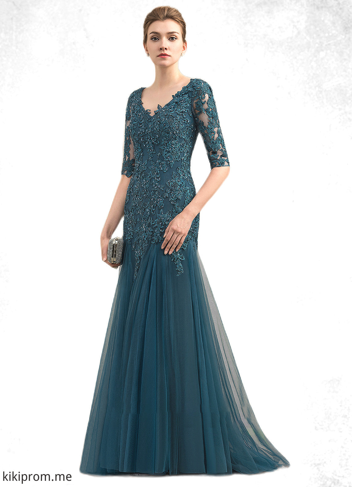 Naomi Trumpet/Mermaid V-neck Sweep Train Tulle Lace Mother of the Bride Dress With Beading Sequins STF126P0014804