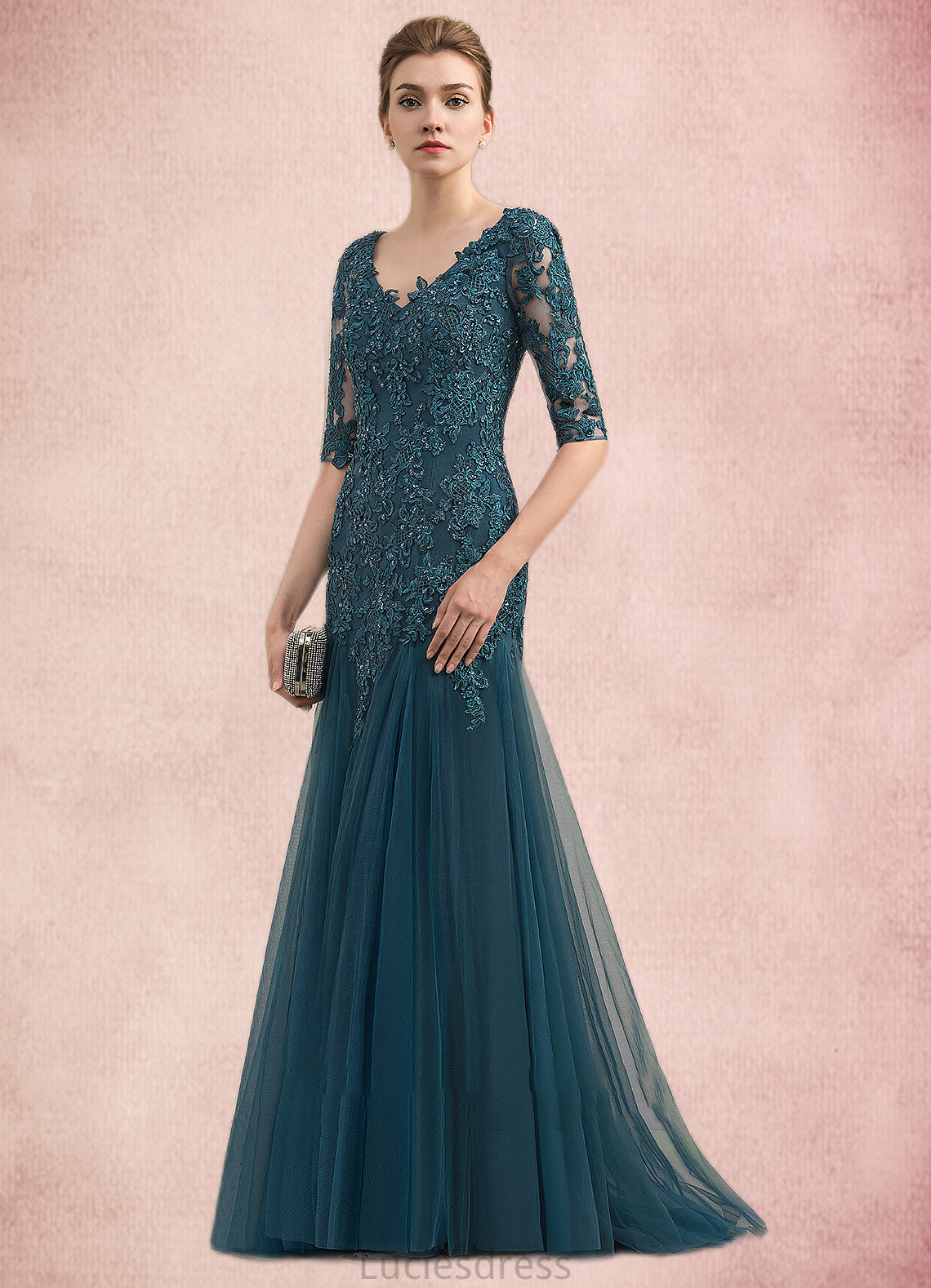 Esmeralda Trumpet/Mermaid V-neck Sweep Train Tulle Lace Mother of the Bride Dress With Beading Sequins HF126P0014804