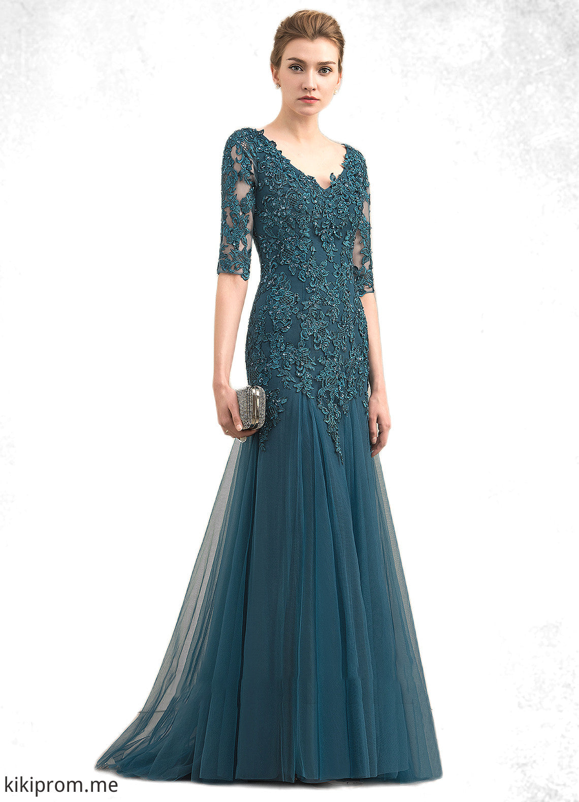 Naomi Trumpet/Mermaid V-neck Sweep Train Tulle Lace Mother of the Bride Dress With Beading Sequins STF126P0014804